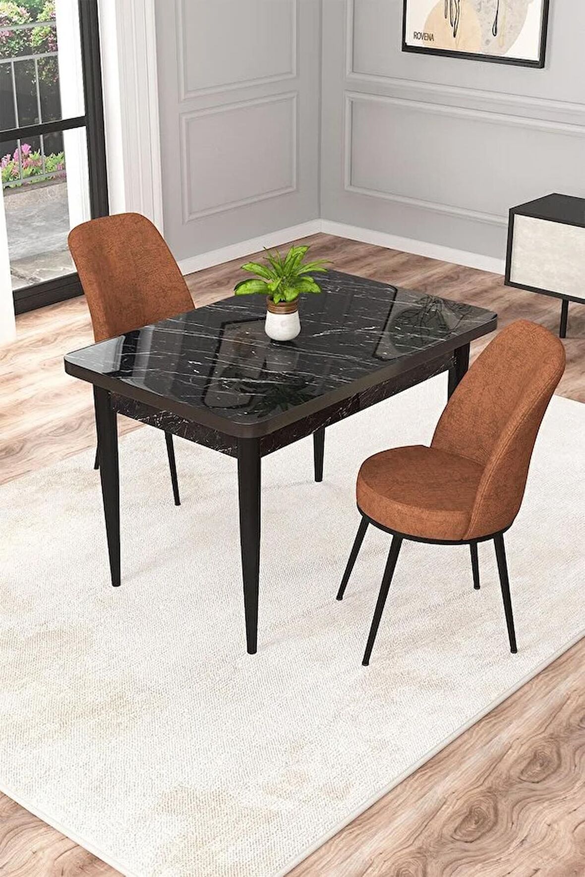 Rovena Raum Siyah Mermer 70x110 Sabit Suntalam Mutfak Masası Takımı 2 Adet Sandalye