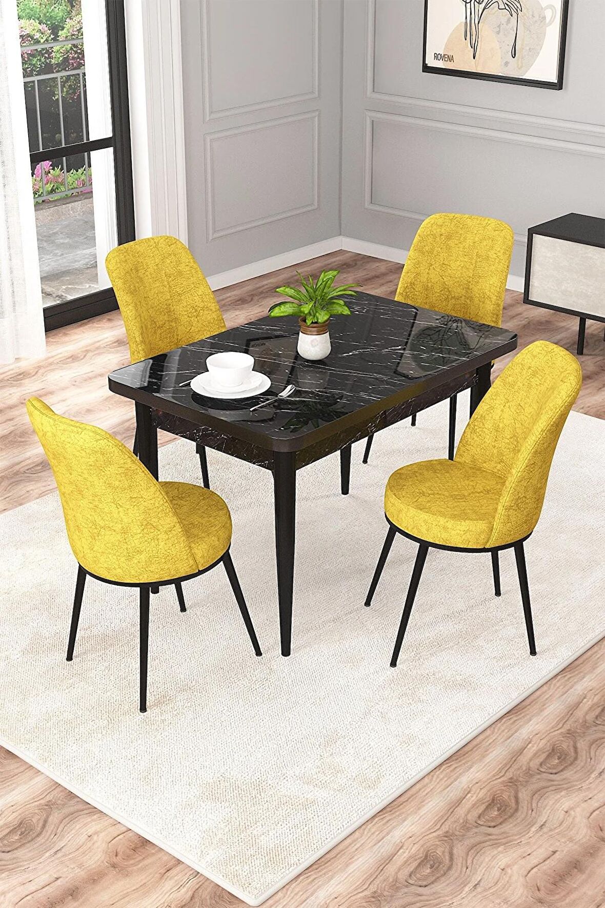 Rovena Raum Siyah Mermer 70x110 Sabit Suntalam Mutfak Masası Takımı 4 Adet Sandalye