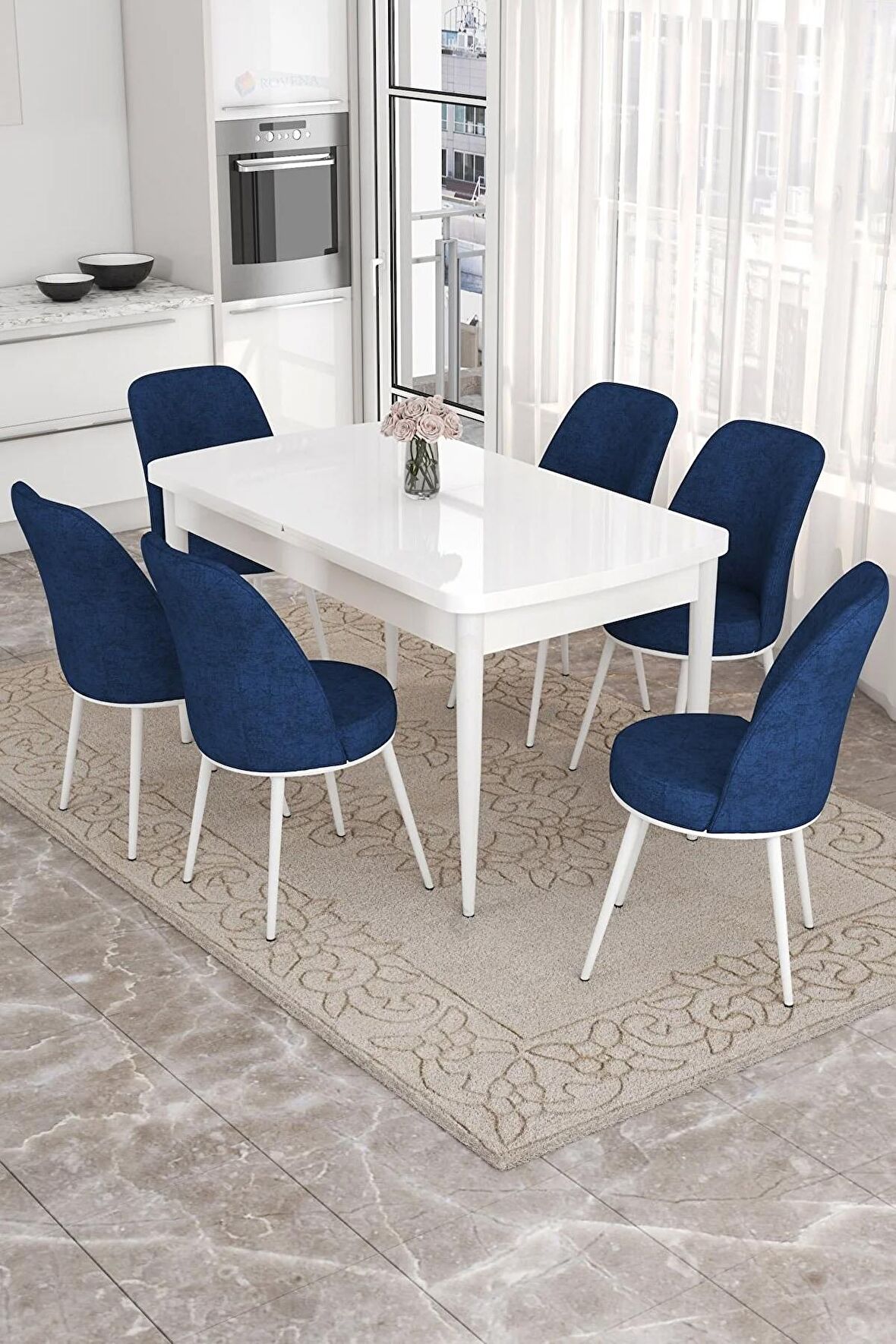 Rovena Bade Beyaz 70x114 Açılabilir Mdf Mutfak Masası Takımı 6 Adet Sandalye