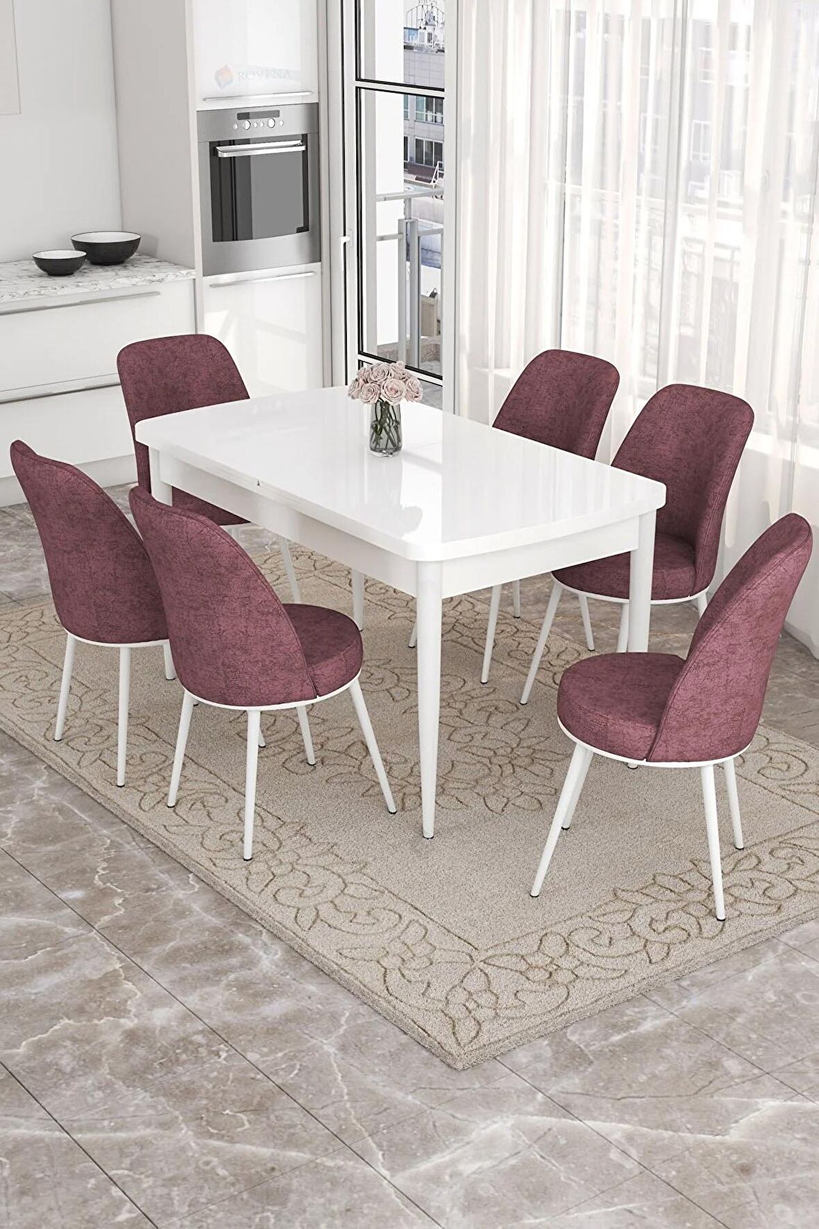 Rovena Bade Beyaz 70x114 Açılabilir Mdf Mutfak Masası Takımı 6 Adet Sandalye