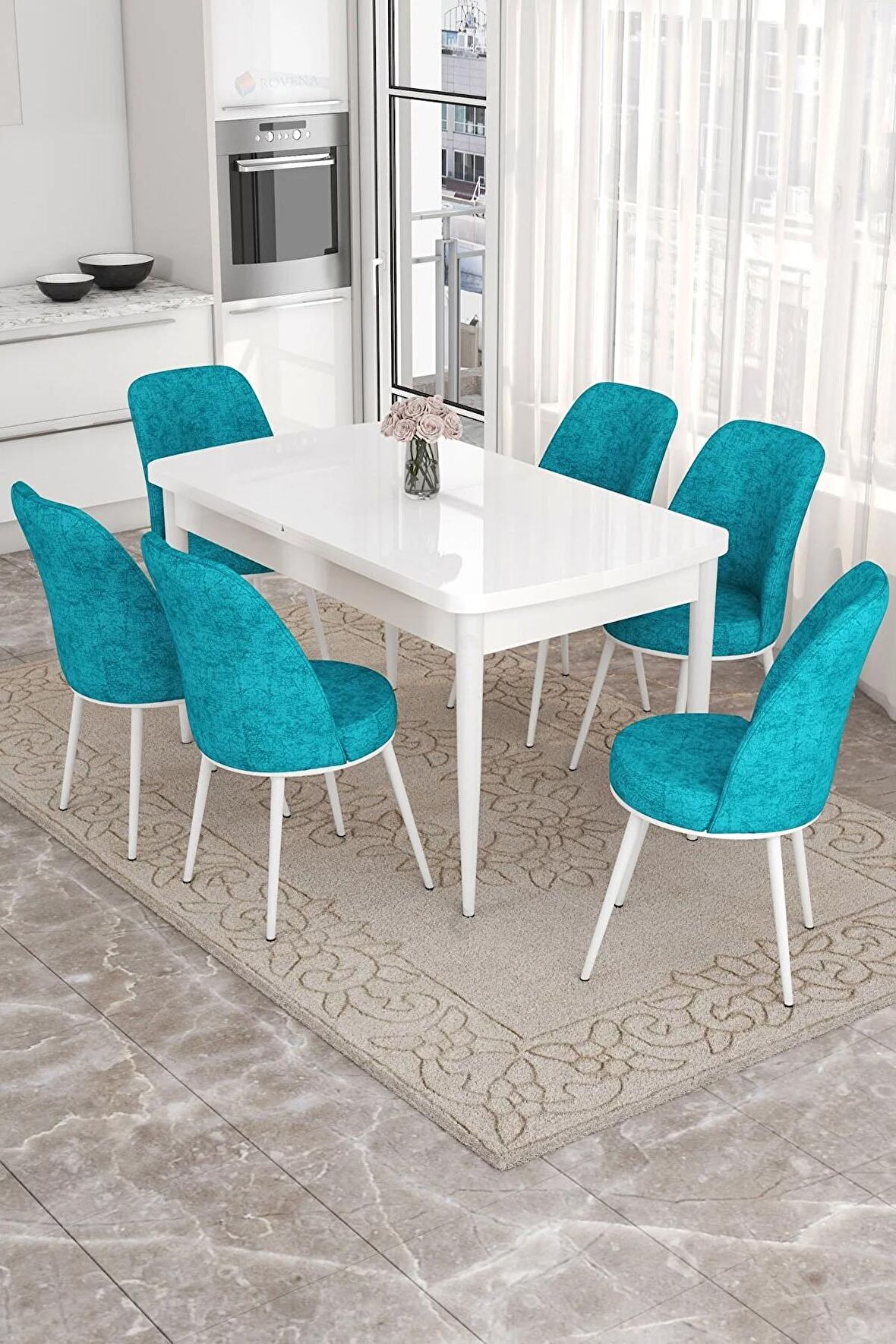 Rovena Bade Beyaz 70x114 Açılabilir Mdf Mutfak Masası Takımı 6 Adet Sandalye