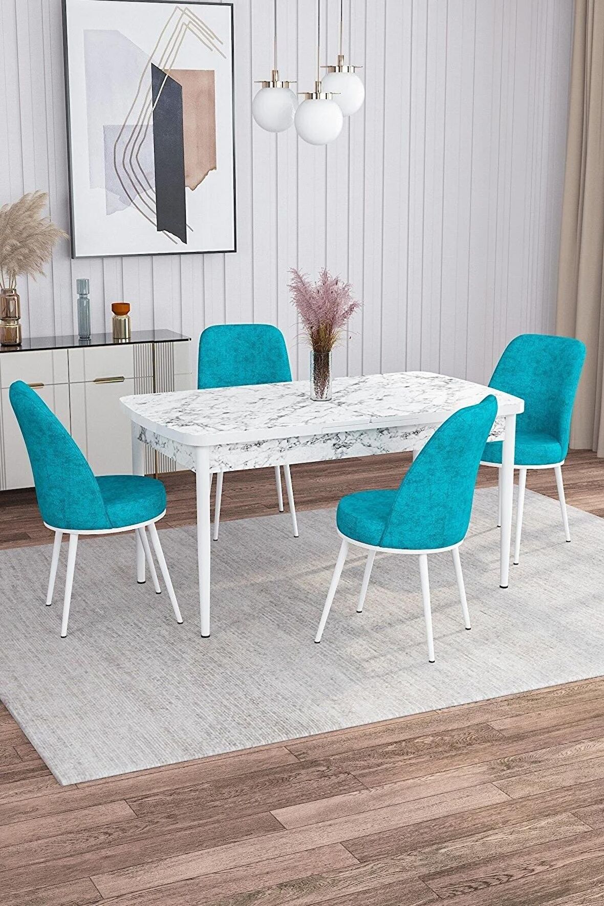Rovena Bade Beyaz Mermer 70x114 Açılabilir Mdf Mutfak Masası Takımı 4 Adet Sandalye