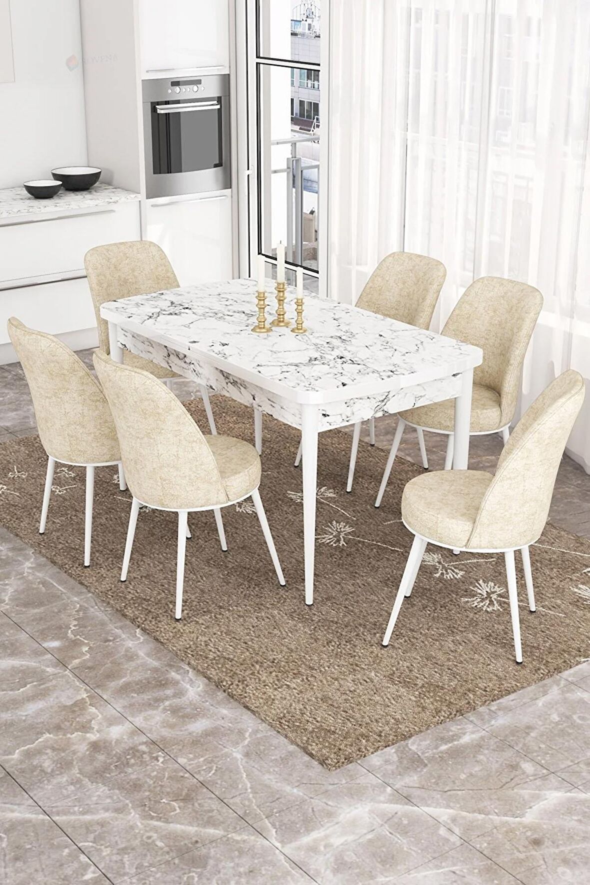 Rovena Bade Beyaz Mermer 70x114 Açılabilir Mdf Mutfak Masası Takımı 6 Adet Sandalye