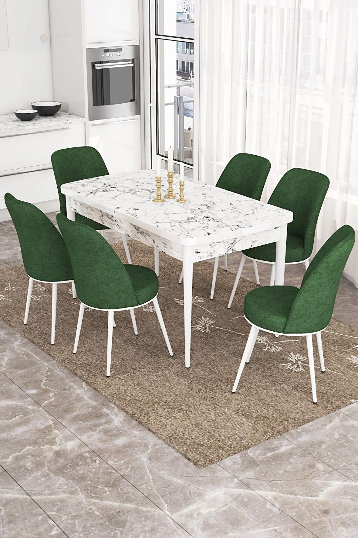 Rovena Bade Beyaz Mermer 70x114 Açılabilir Mdf Mutfak Masası Takımı 6 Adet Sandalye