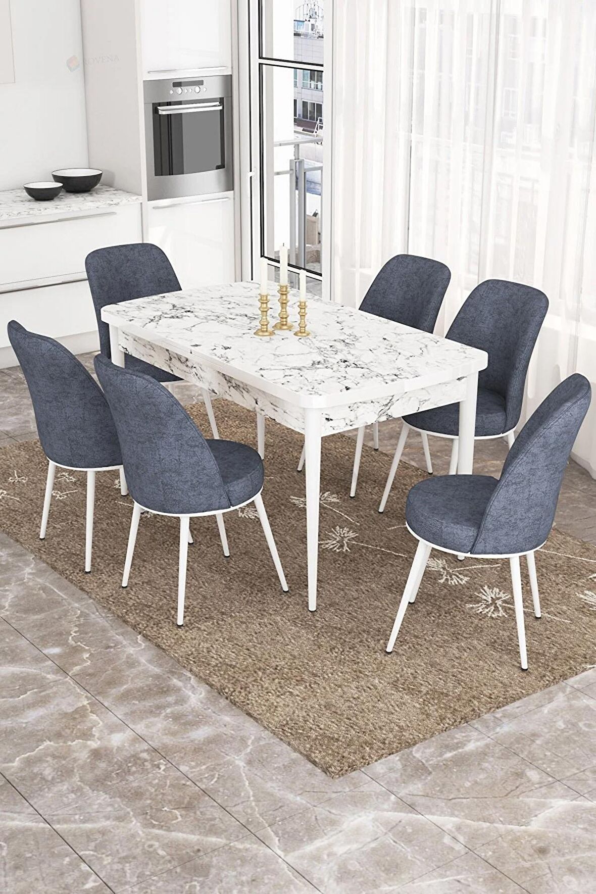 Rovena Bade Beyaz Mermer 70x114 Açılabilir Mdf Mutfak Masası Takımı 6 Adet Sandalye