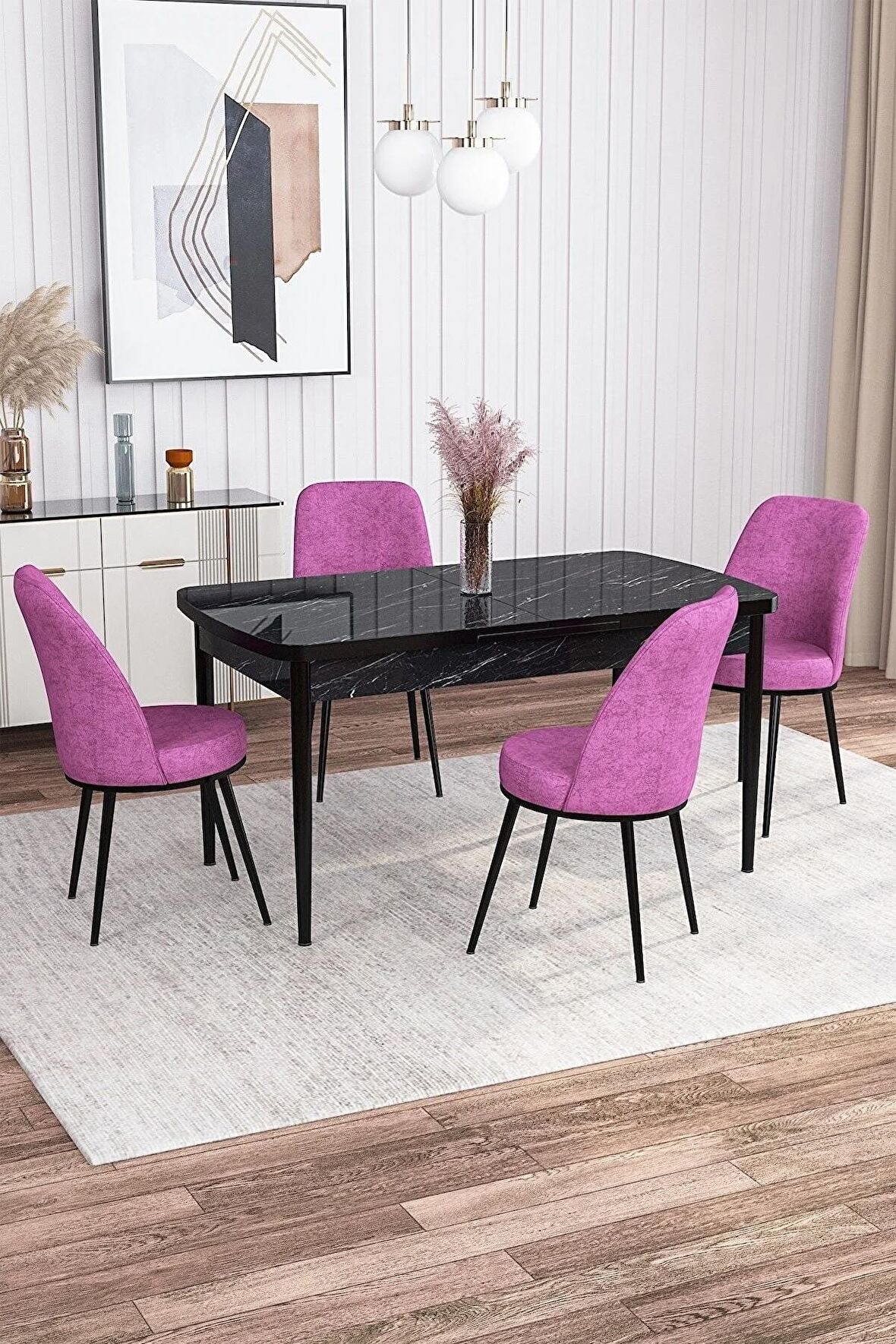 Rovena Bade Siyah Mermer 70x114 Açılabilir Mdf Mutfak Masası Takımı 4 Adet Sandalye