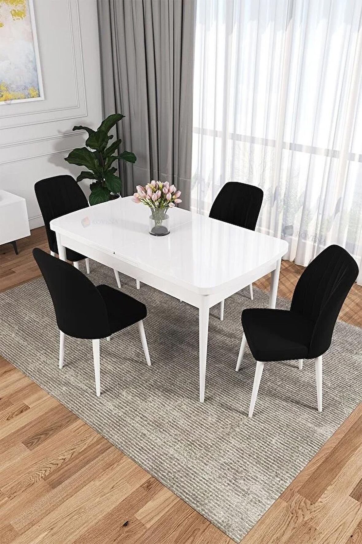Rovena Lora Beyaz 70x114 Açılabilir Mdf Mutfak Masası Takımı 4 Adet Sandalye