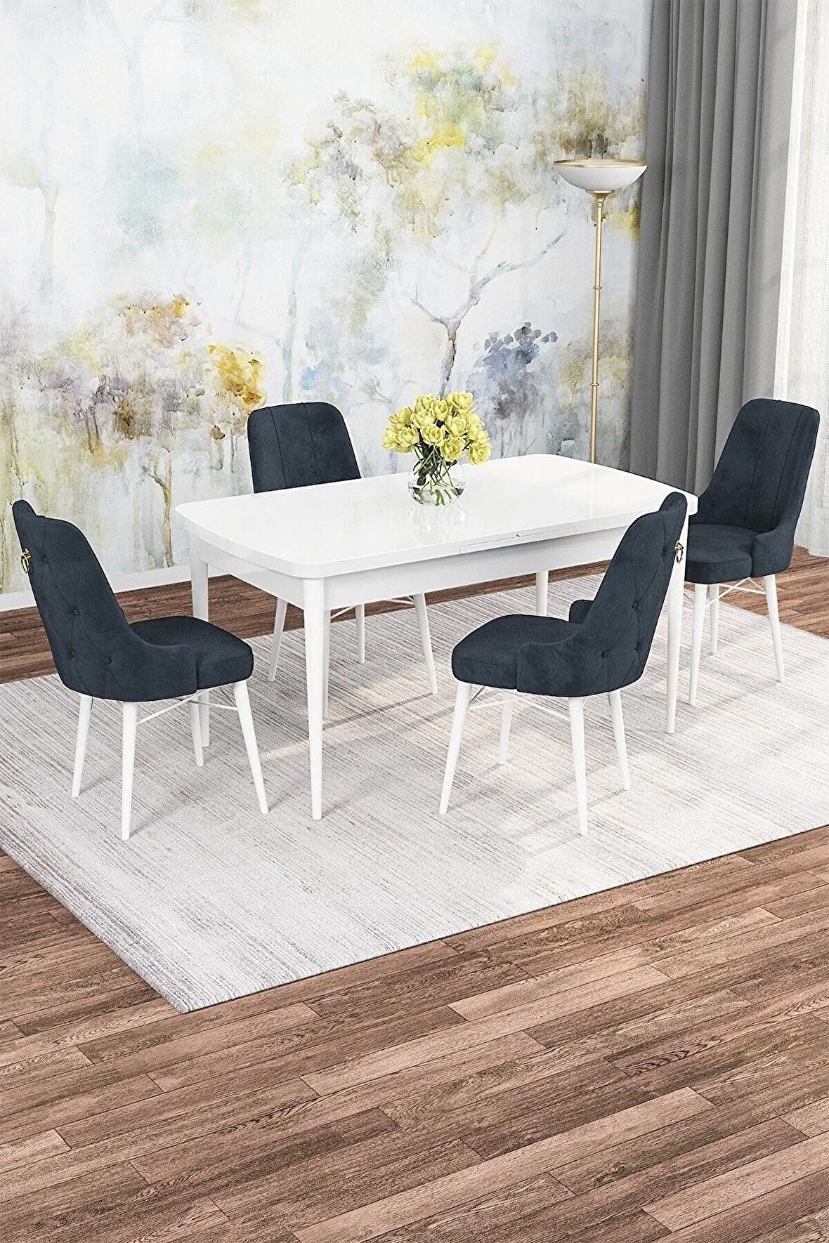 Rovena Rose Beyaz 70x114 Açılabilir Mdf Mutfak Masası Takımı 4 Adet Sandalye