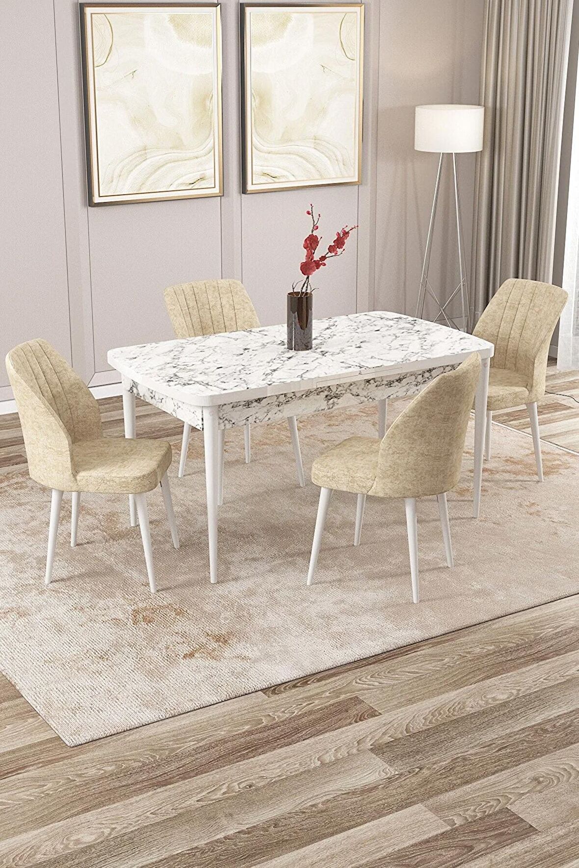 Rovena Lora Beyaz Mermer 70x114 Açılabilir Mdf Mutfak Masası Takımı 4 Adet Sandalye