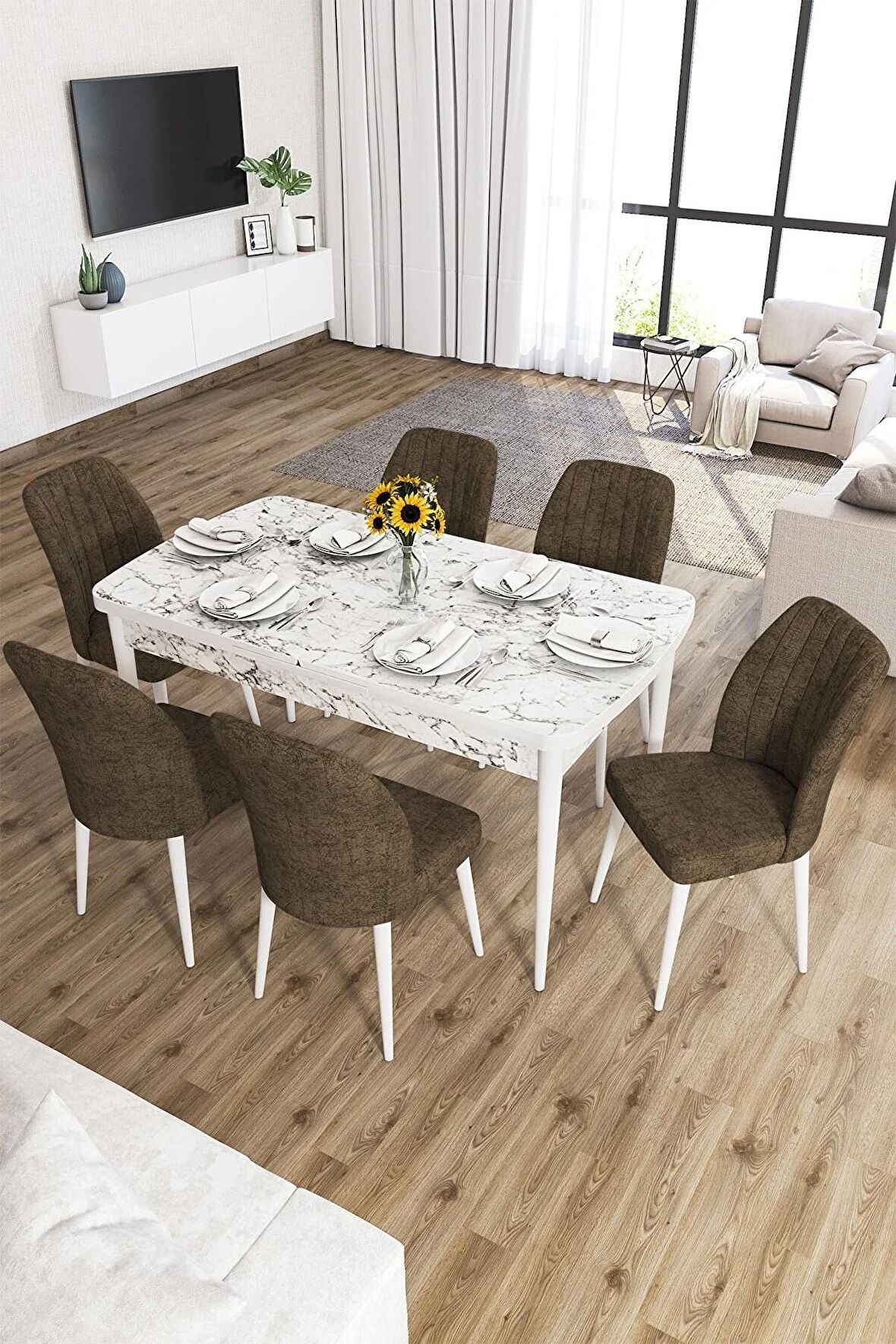 Rovena Lora Beyaz Mermer 70x114 Açılabilir Mdf Mutfak Masası Takımı 6 Adet Sandalye