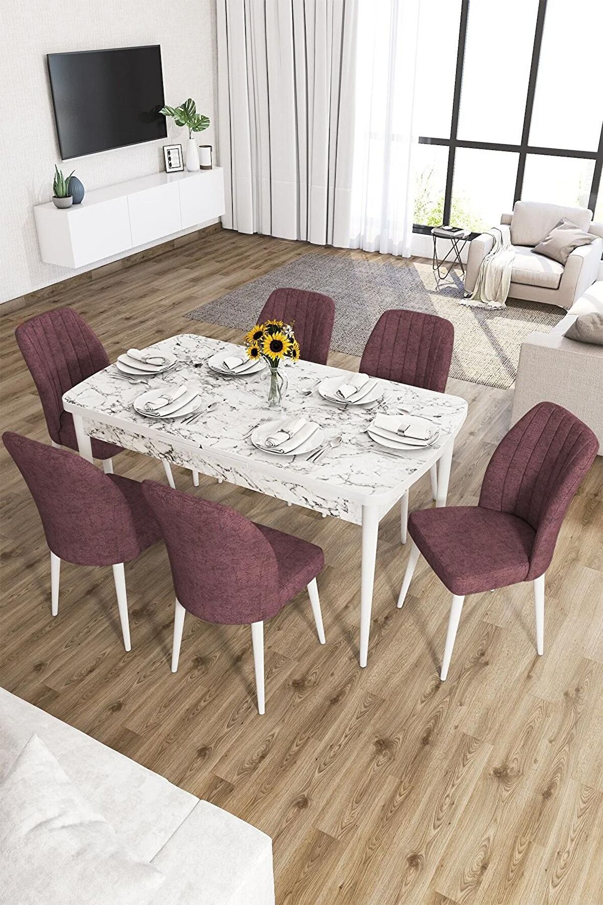 Rovena Lora Beyaz Mermer 70x114 Açılabilir Mdf Mutfak Masası Takımı 6 Adet Sandalye