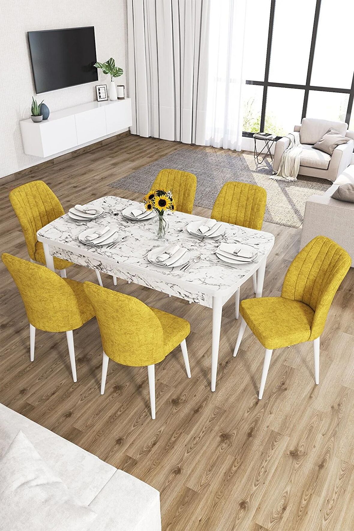 Rovena Lora Beyaz Mermer 70x114 Açılabilir Mdf Mutfak Masası Takımı 6 Adet Sandalye