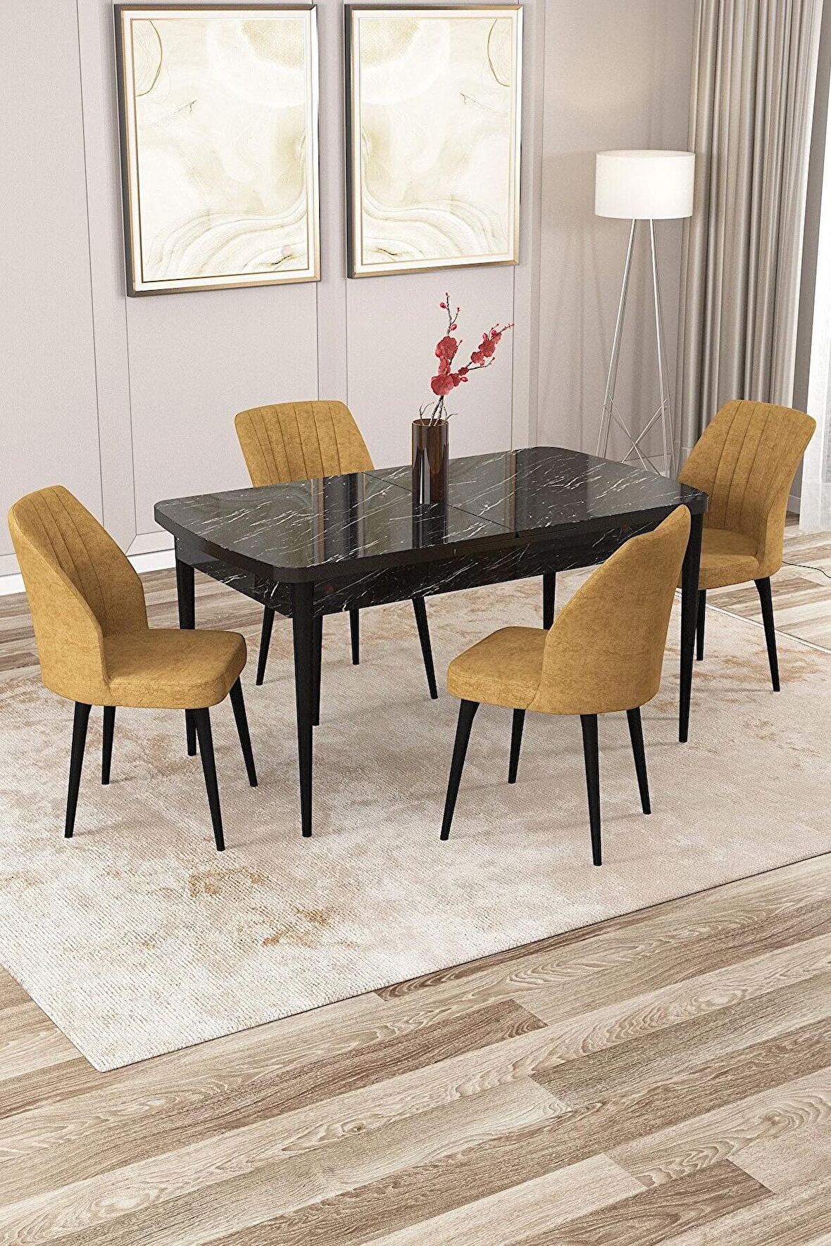 Rovena Lora Siyah Mermer 70x114 Açılabilir Mdf Mutfak Masası Takımı 4 Adet Sandalye