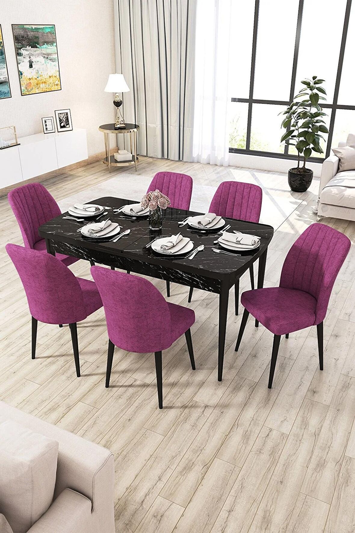 Rovena Lora Siyah Mermer 70x114 Açılabilir Mdf Mutfak Masası Takımı 6 Adet Sandalye