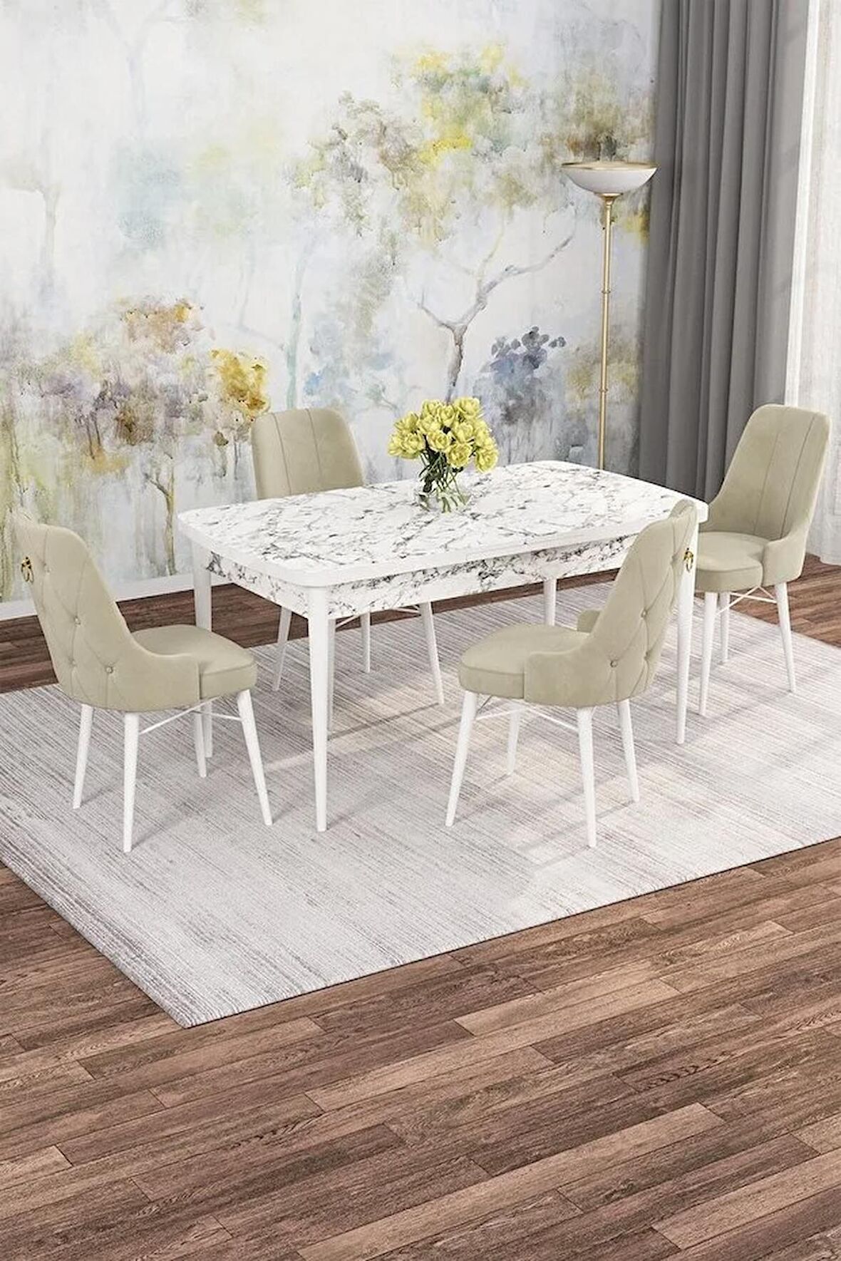 Rovena Rose Beyaz Mermer  70X114 Açılabilir Mdf Mutfak Masası Takımı 4 Adet Sandalye