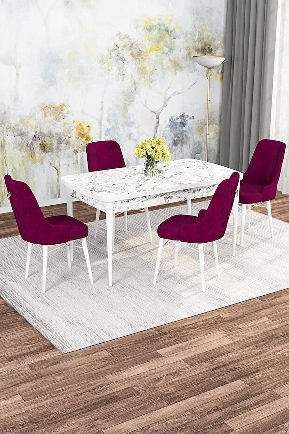 Rovena Rose Beyaz Mermer  70X114 Açılabilir Mdf Mutfak Masası Takımı 4 Adet Sandalye
