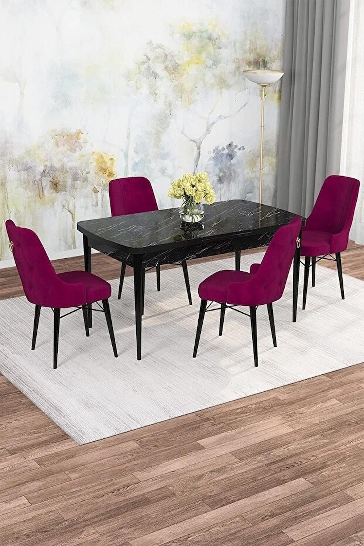 Rovena Rose  Siyah Mermer 70x114 Açılabilir Mdf Mutfak Masası Takımı 4 Adet Sandalye