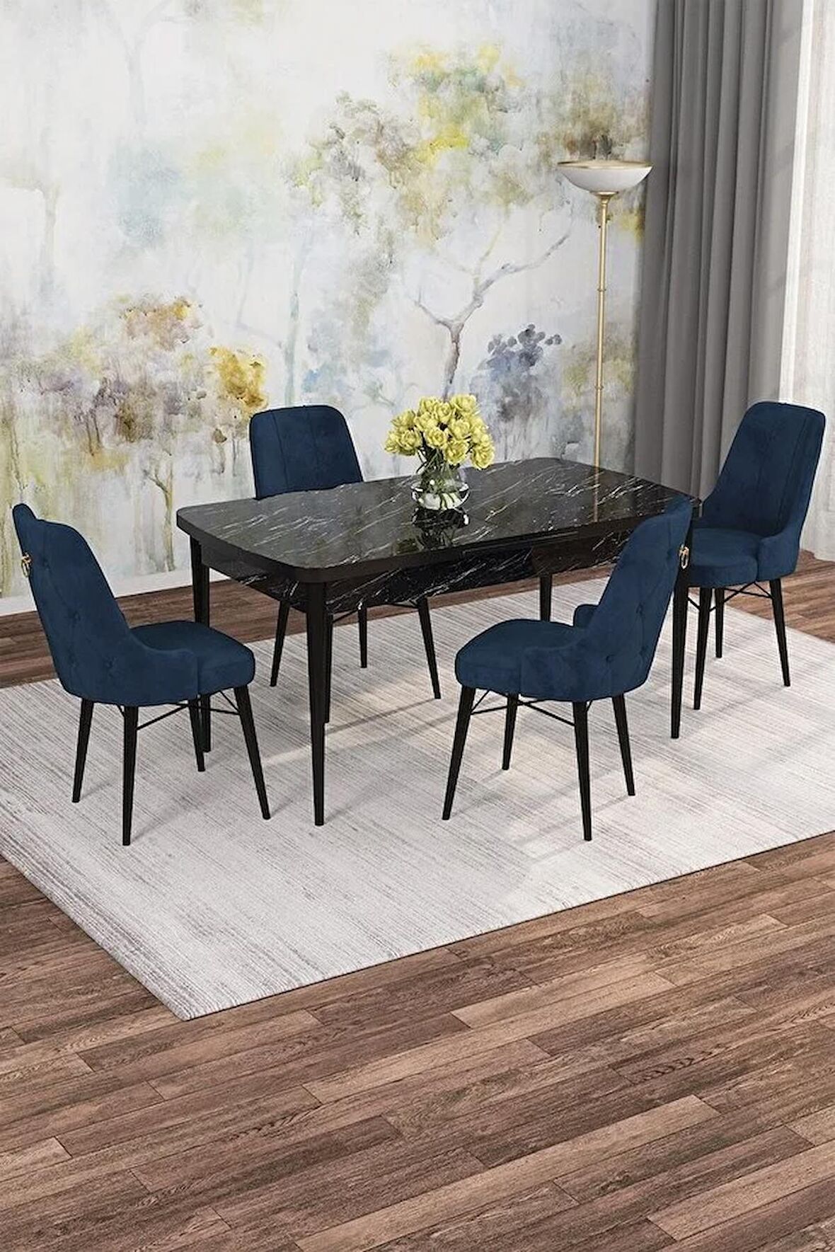 Rovena Gian  Siyah Mermer 70x114 Açılabilir Suntalam Mutfak Masası Takımı 4 Adet Sandalye