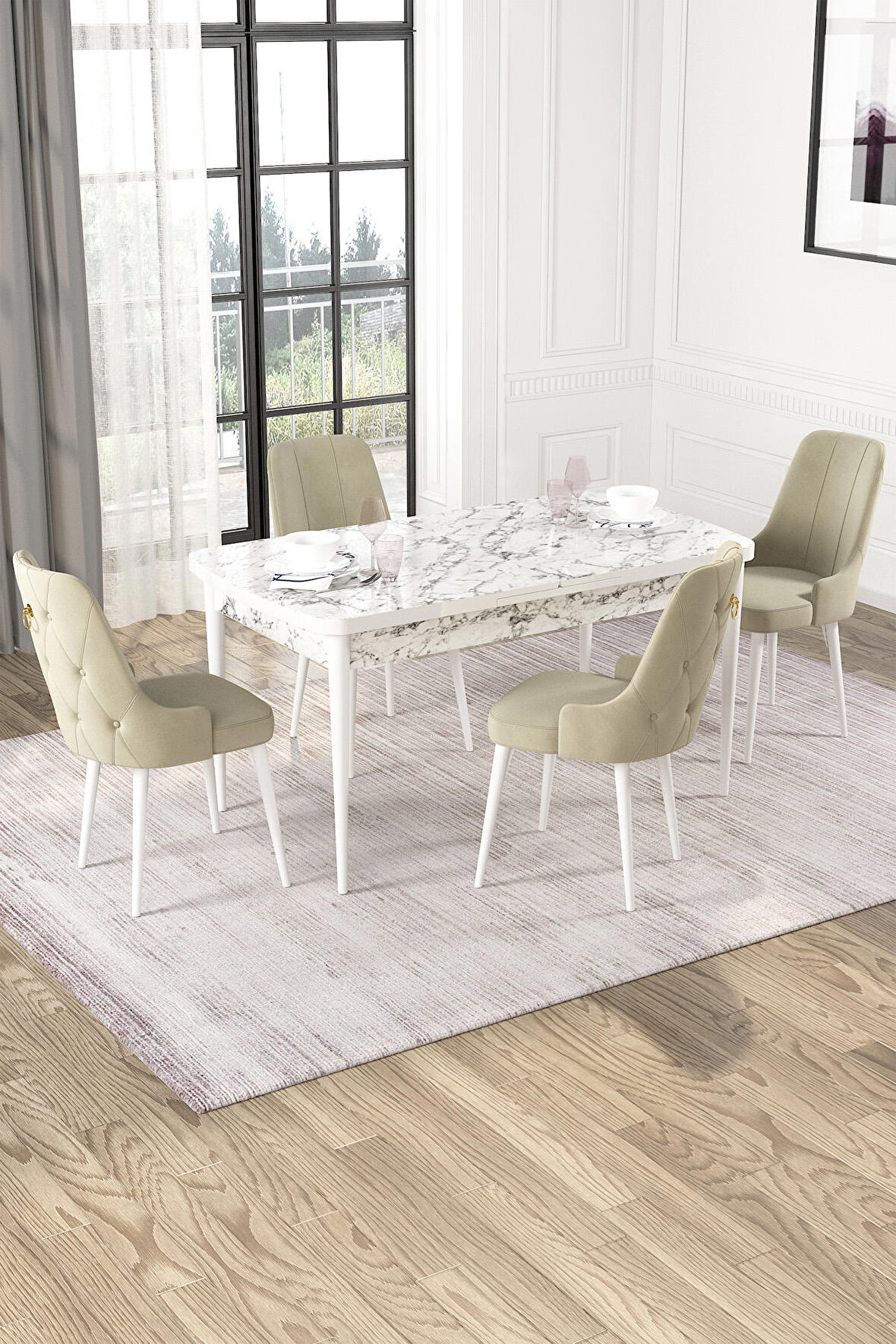 Rovena Pavia Beyaz Mermer 70x114 Açılabilir Suntalam Mutfak Masası Takımı 4 Adet Sandalye