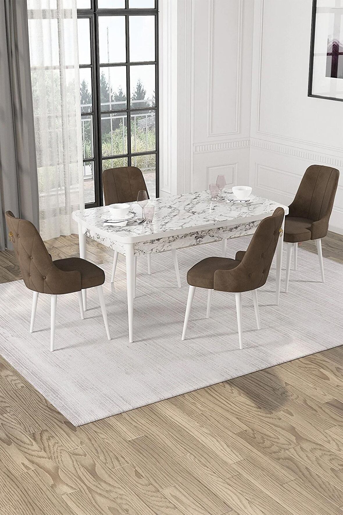 Rovena Pavia Beyaz Mermer 70x114 Açılabilir Suntalam Mutfak Masası Takımı 4 Adet Sandalye