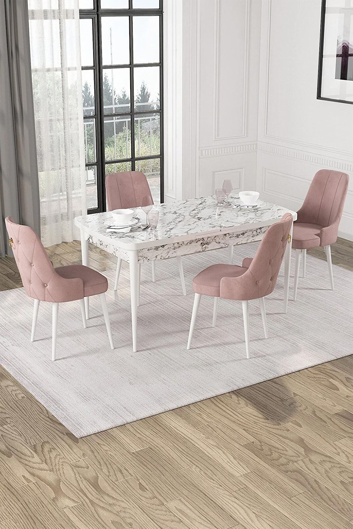 Rovena Pavia Beyaz Mermer 70x114 Açılabilir Suntalam Mutfak Masası Takımı 4 Adet Sandalye