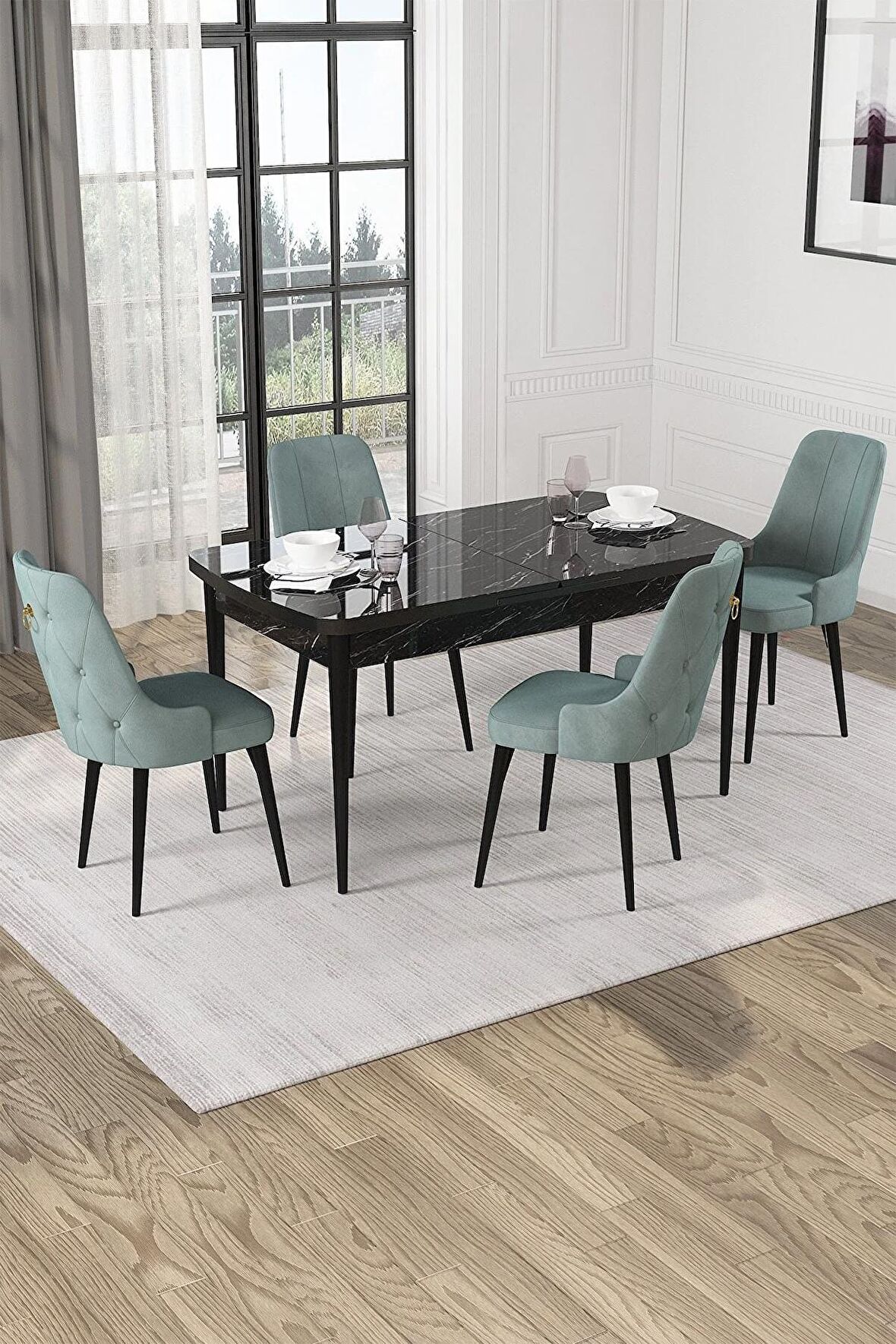 Rovena Pavia Siyah Mermer 70x114 Açılabilir Suntalam Mutfak Masası Takımı 4 Adet Sandalye