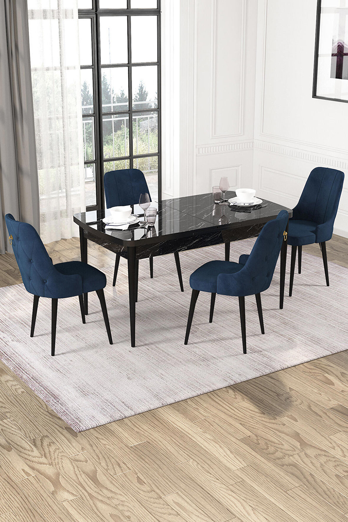 Rovena Pavia Siyah Mermer 70x114 Açılabilir Suntalam Mutfak Masası Takımı 4 Adet Sandalye