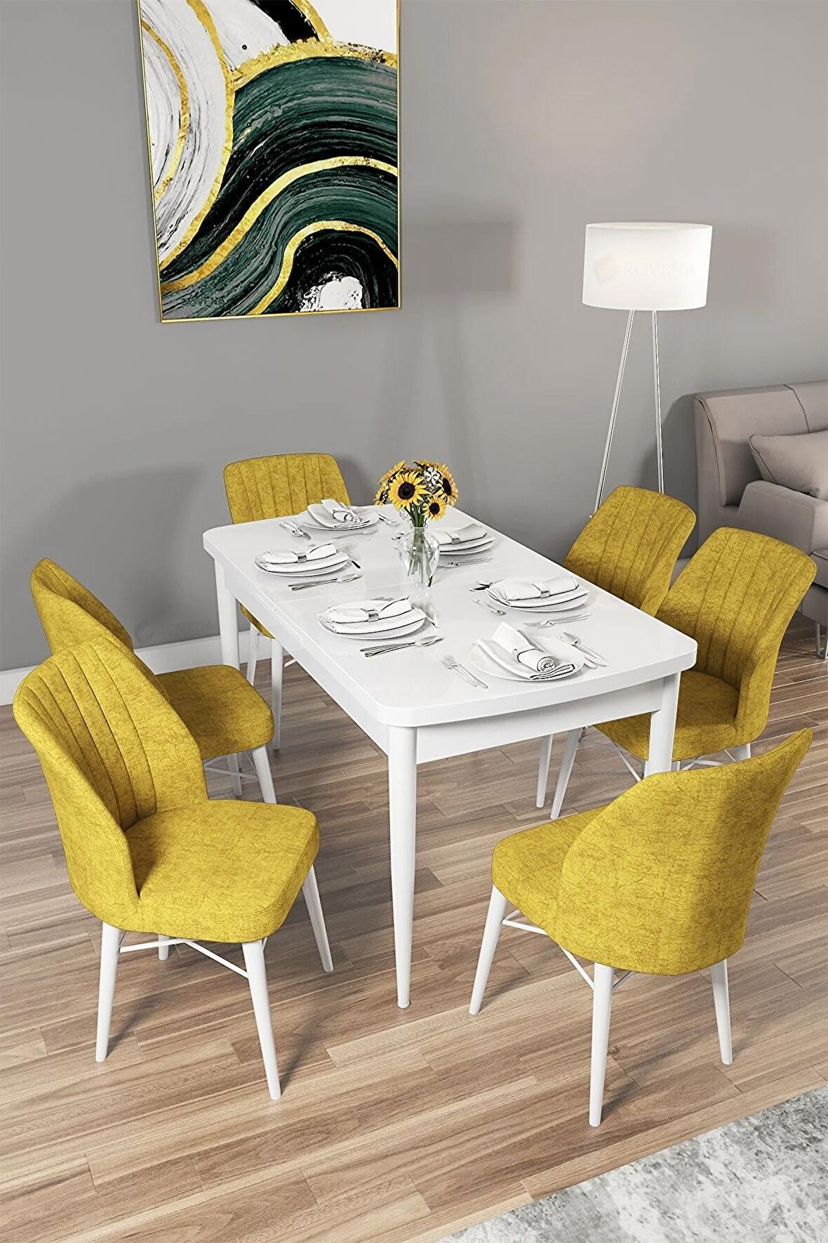 Rovena Alto Beyaz 70x114 Açılabilir Suntalam Mutfak Masası Takımı 6 Adet Sandalye