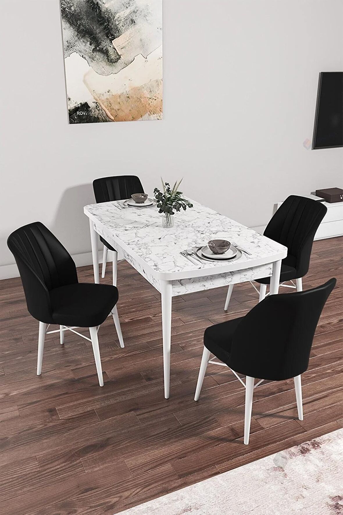 Rovena Alto Beyaz Mermer 70x114 Açılabilir Suntalam Mutfak Masası Takımı 4 Adet Sandalye