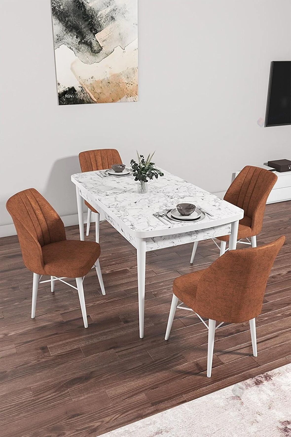 Rovena Alto Beyaz Mermer 70x114 Açılabilir Suntalam Mutfak Masası Takımı 4 Adet Sandalye