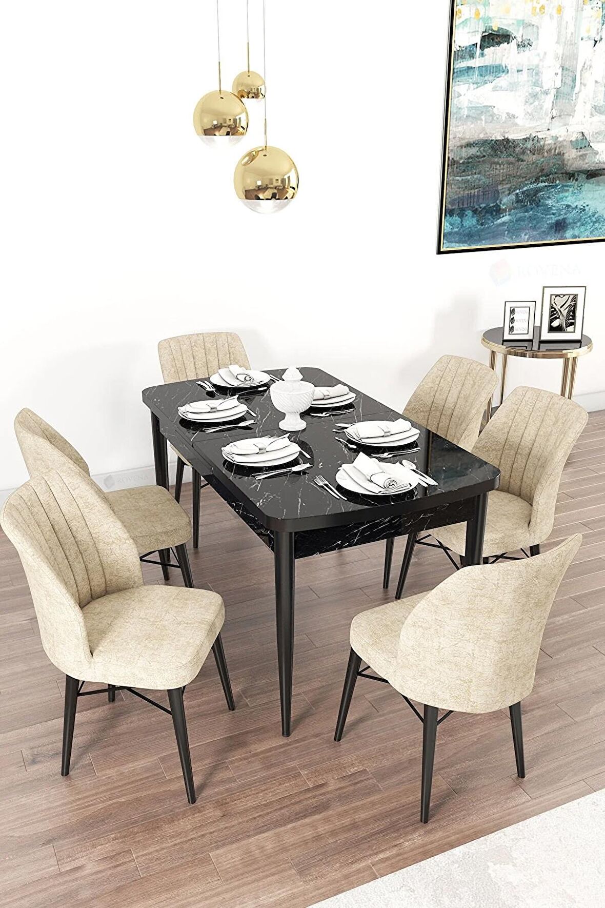 Rovena Alto Siyah Mermer 70x114 Açılabilir Suntalam Mutfak Masası Takımı 6 Adet Sandalye