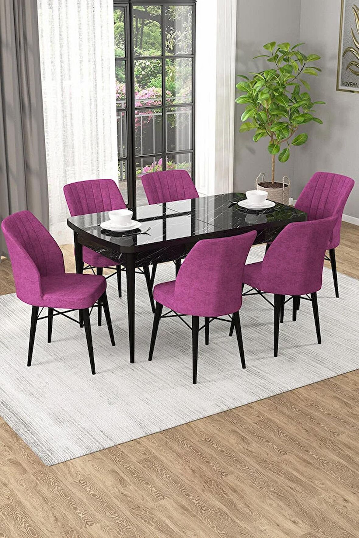 Rovena Alto Siyah Mermer 70x114 Açılabilir Suntalam Mutfak Masası Takımı 6 Adet Sandalye