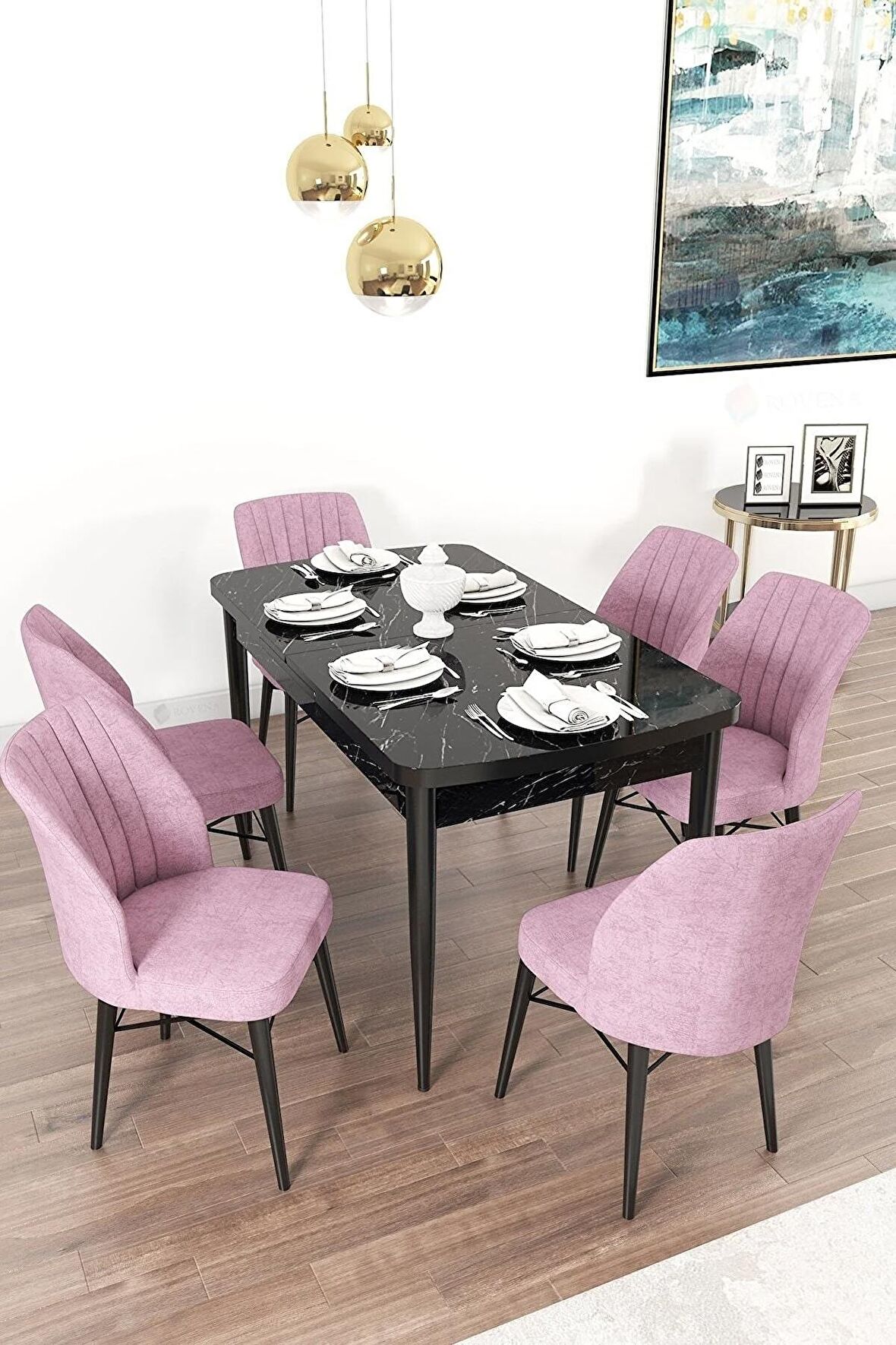 Rovena Alto Siyah Mermer 70x114 Açılabilir Suntalam Mutfak Masası Takımı 6 Adet Sandalye