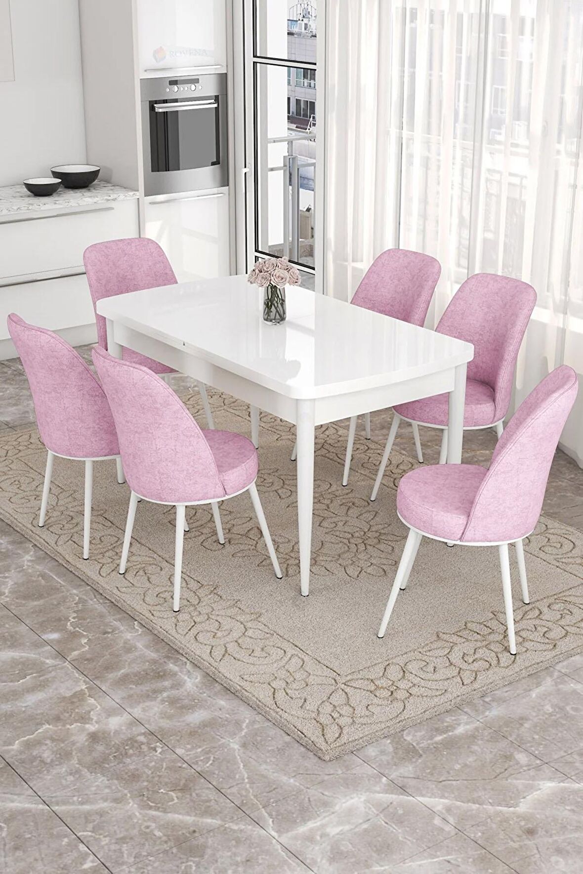 Rovena Sona Beyaz 70x114 Açılabilir Suntalam Mutfak Masası Takımı 6 Adet Sandalye