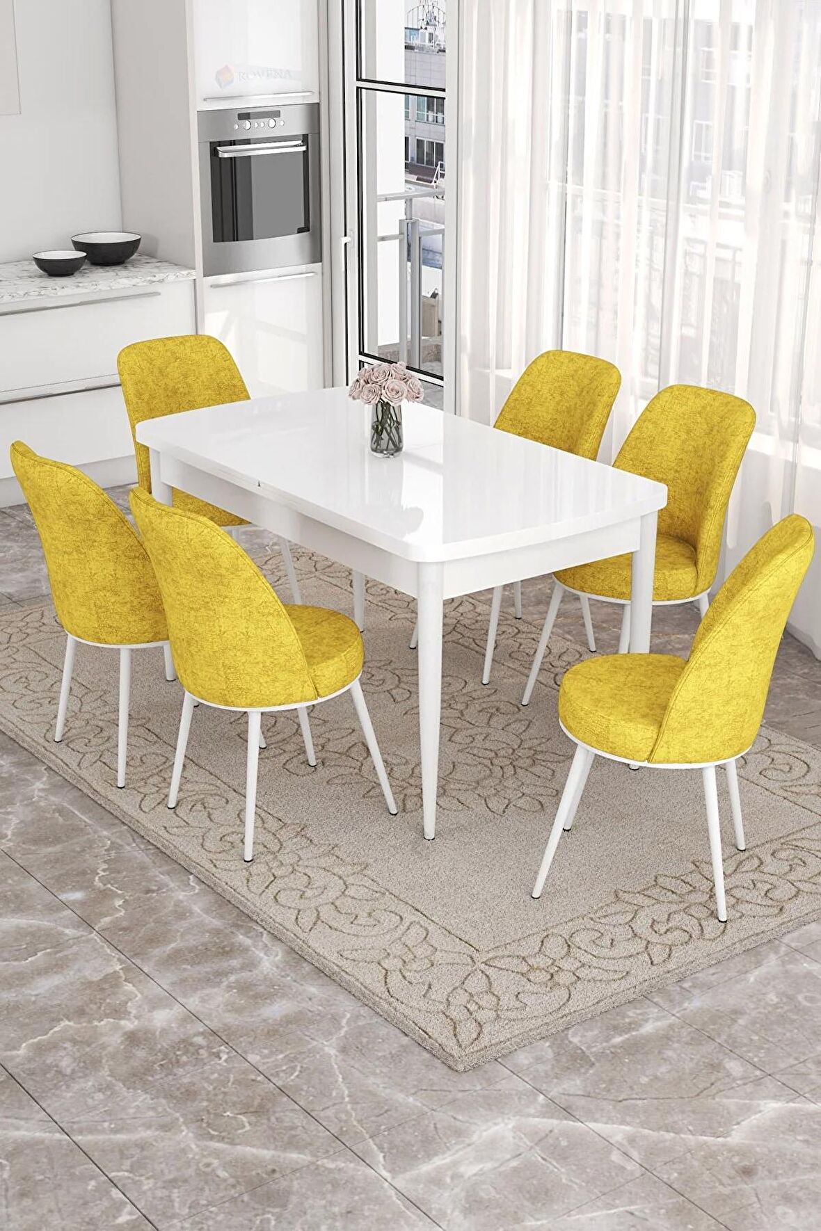 Rovena Sona Beyaz 70x114 Açılabilir Suntalam Mutfak Masası Takımı 6 Adet Sandalye
