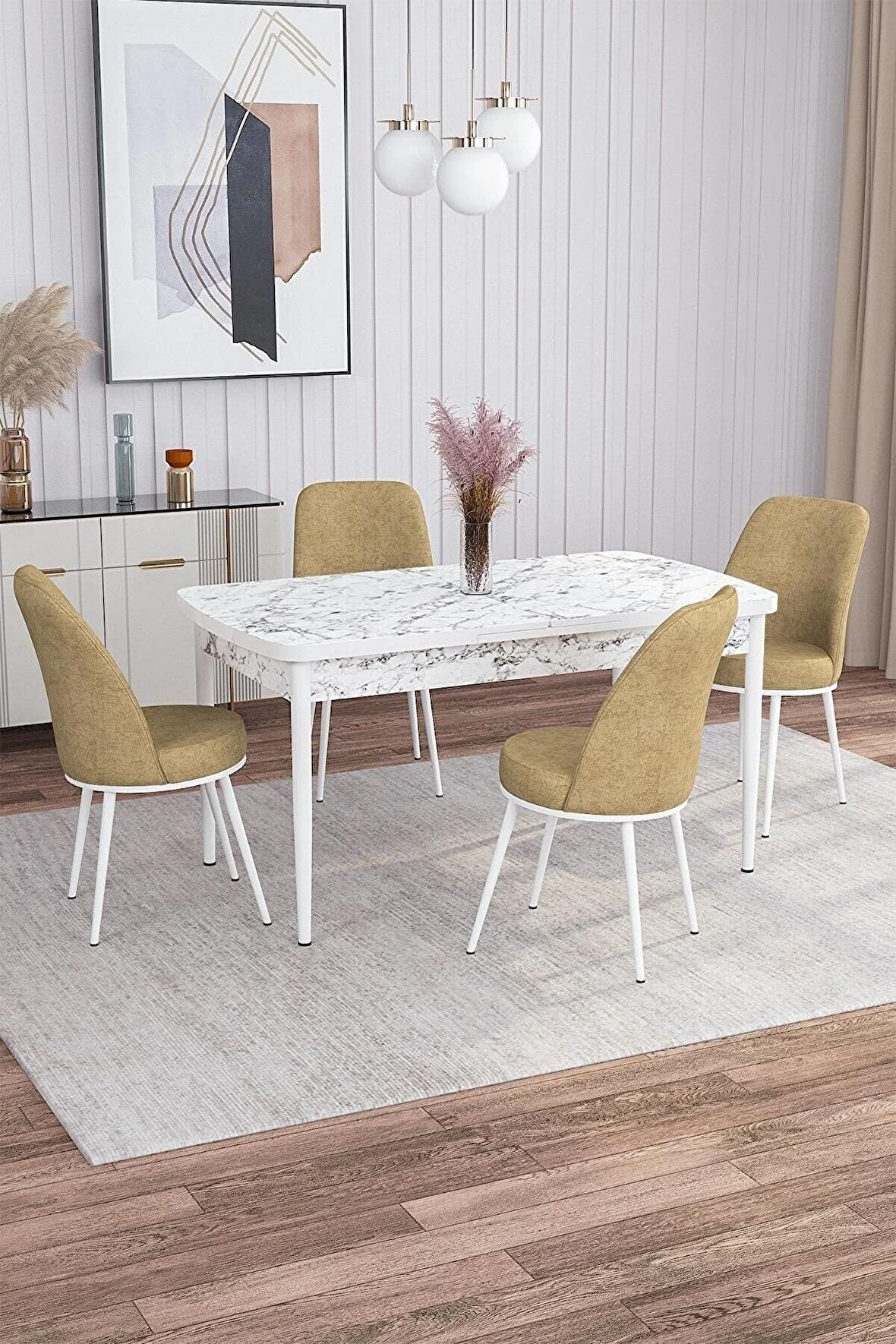 Rovena Sona Beyaz Mermer 70x114 Açılabilir Suntalam Mutfak Masası Takımı 4 Adet Sandalye