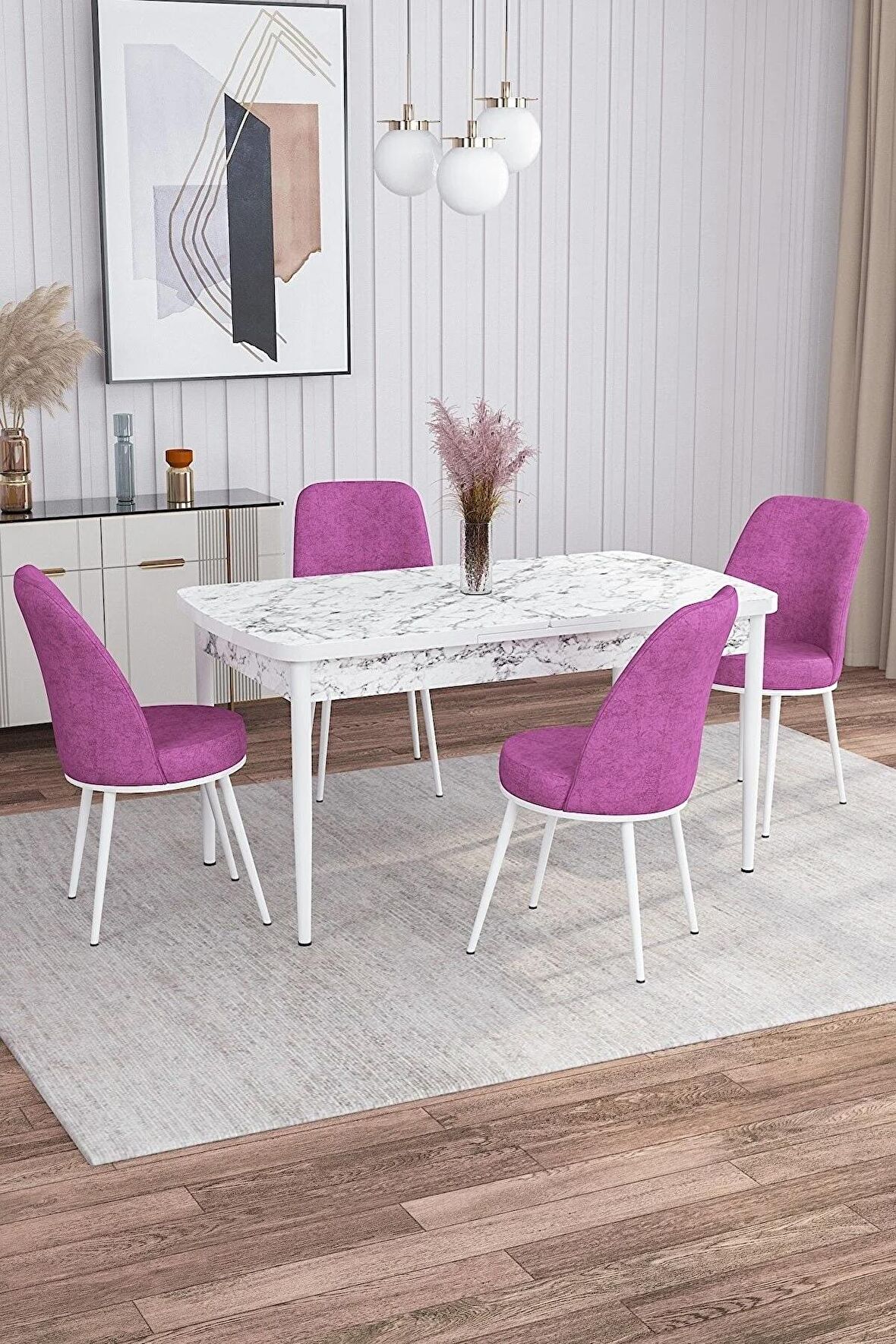 Rovena Sona Beyaz Mermer 70x114 Açılabilir Suntalam Mutfak Masası Takımı 4 Adet Sandalye