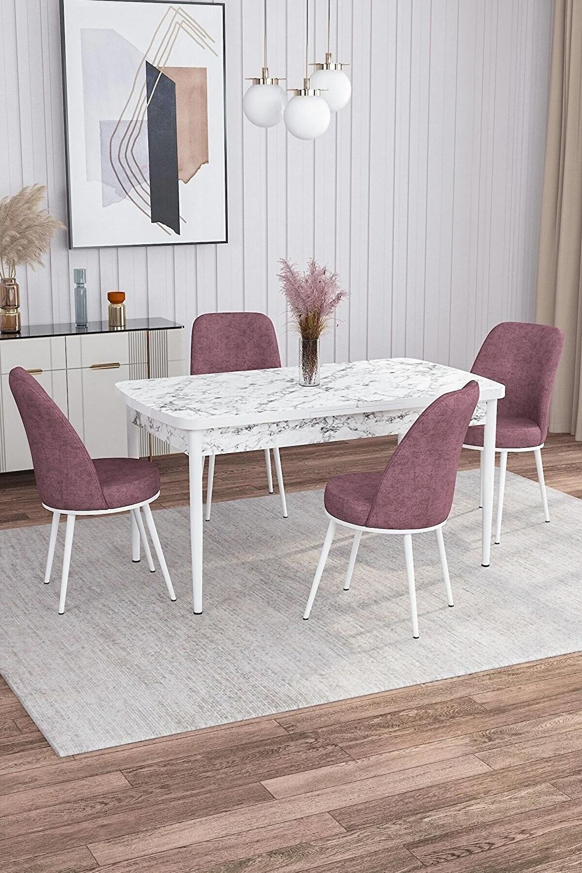 Rovena Sona Beyaz Mermer 70x114 Açılabilir Suntalam Mutfak Masası Takımı 4 Adet Sandalye