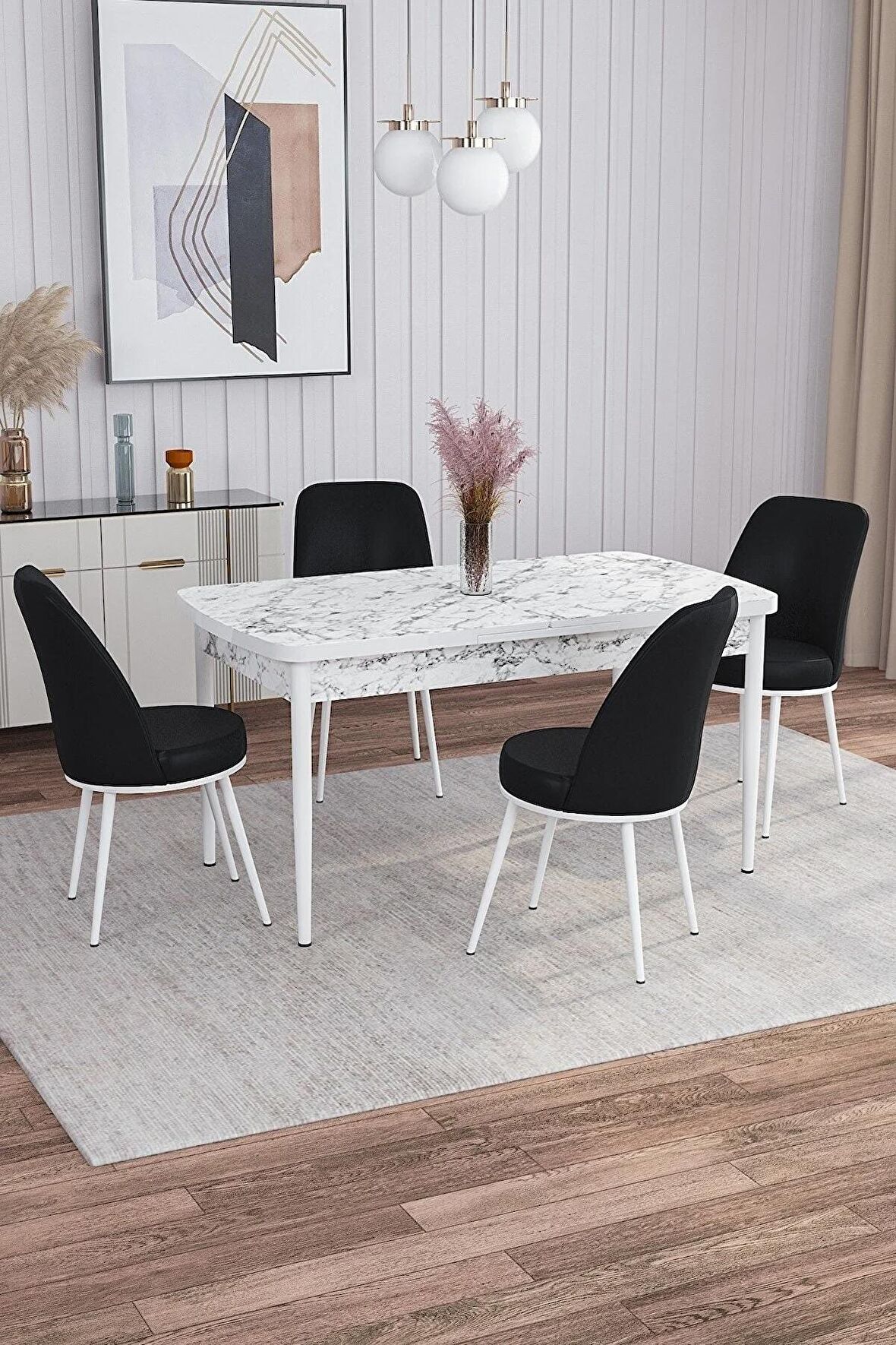 Rovena Sona Beyaz Mermer 70x114 Açılabilir Suntalam Mutfak Masası Takımı 4 Adet Sandalye