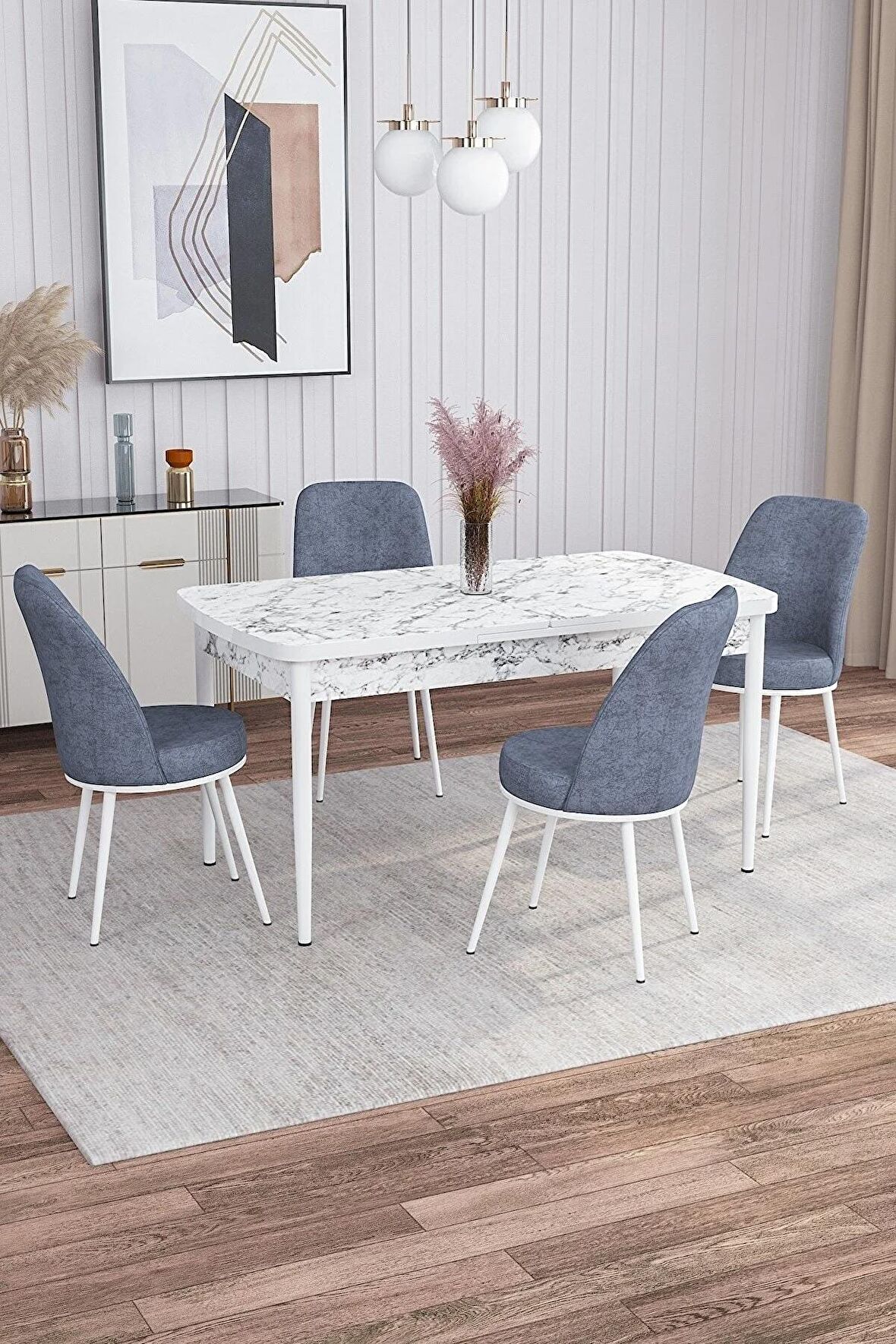 Rovena Sona Beyaz Mermer 70x114 Açılabilir Suntalam Mutfak Masası Takımı 4 Adet Sandalye