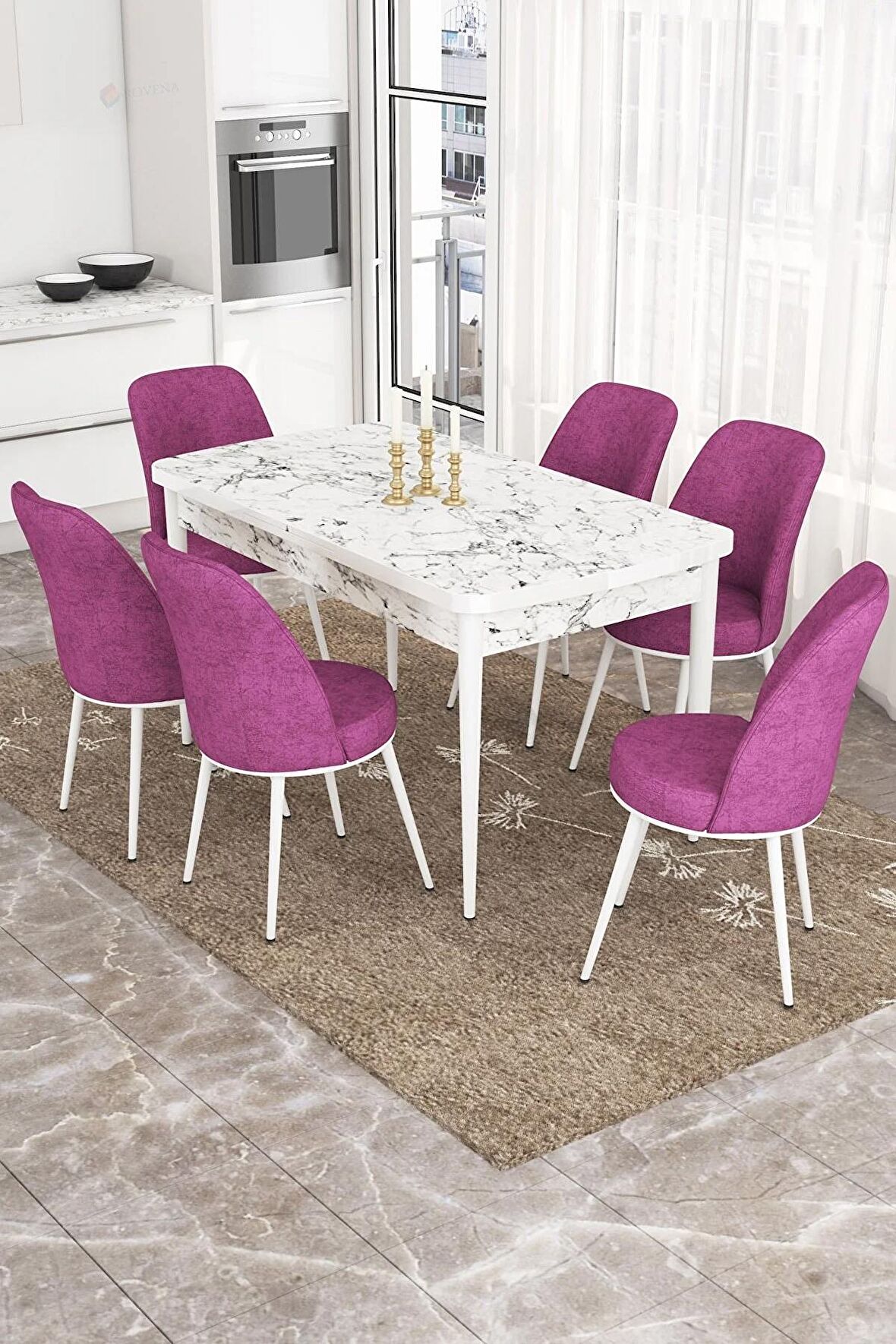 Rovena Sona Beyaz Mermer 70x114 Açılabilir Suntalam Mutfak Masası Takımı 6 Adet Sandalye
