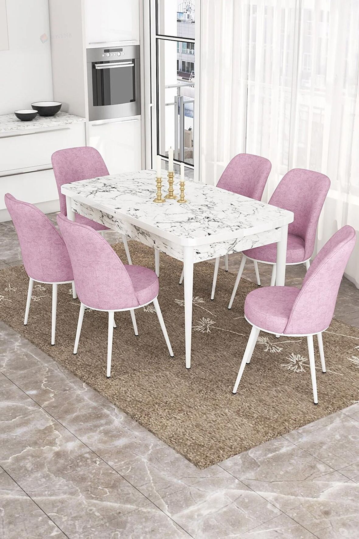 Rovena Sona Beyaz Mermer 70x114 Açılabilir Suntalam Mutfak Masası Takımı 6 Adet Sandalye