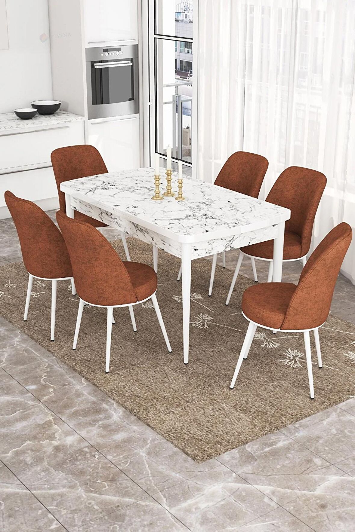 Rovena Sona Beyaz Mermer 70x114 Açılabilir Suntalam Mutfak Masası Takımı 6 Adet Sandalye