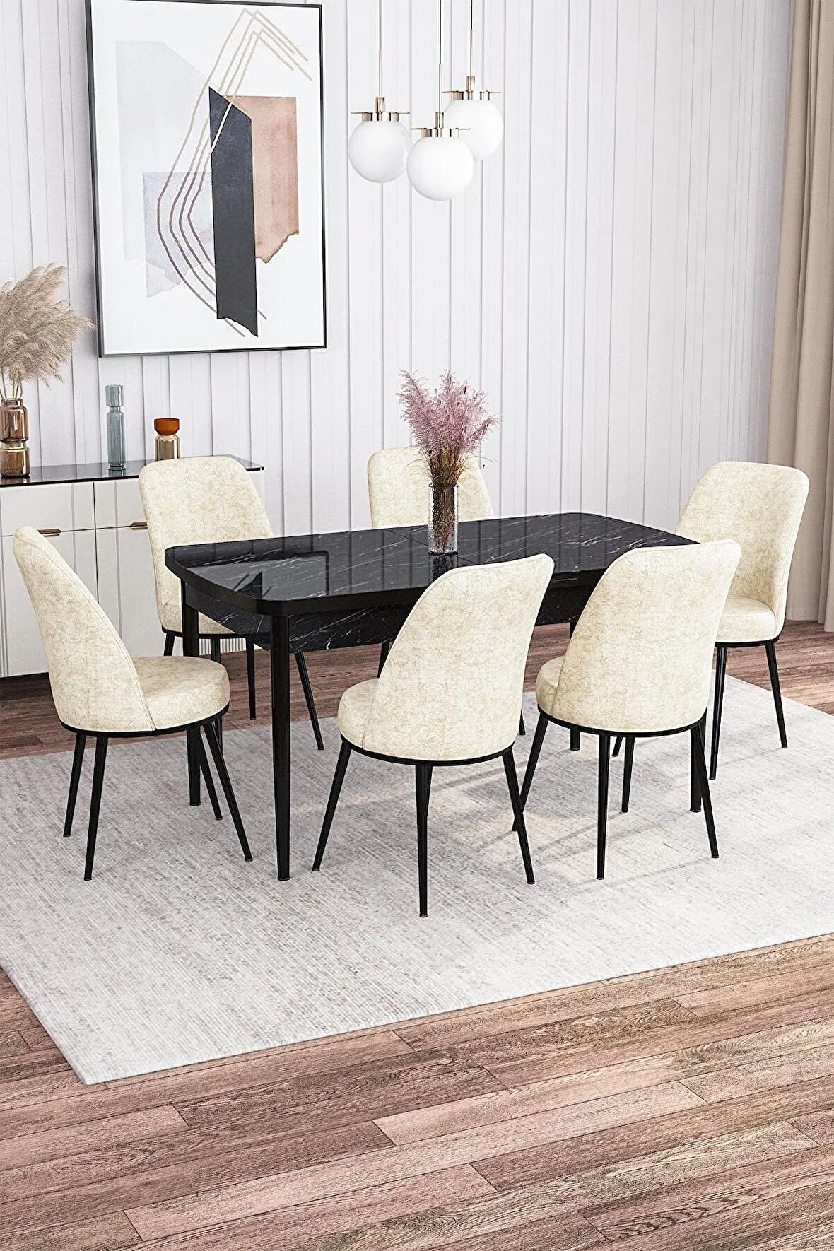 Rovena Sona Siyah Mermer 70x114 Açılabilir Suntalam Mutfak Masası Takımı 6 Adet Sandalye