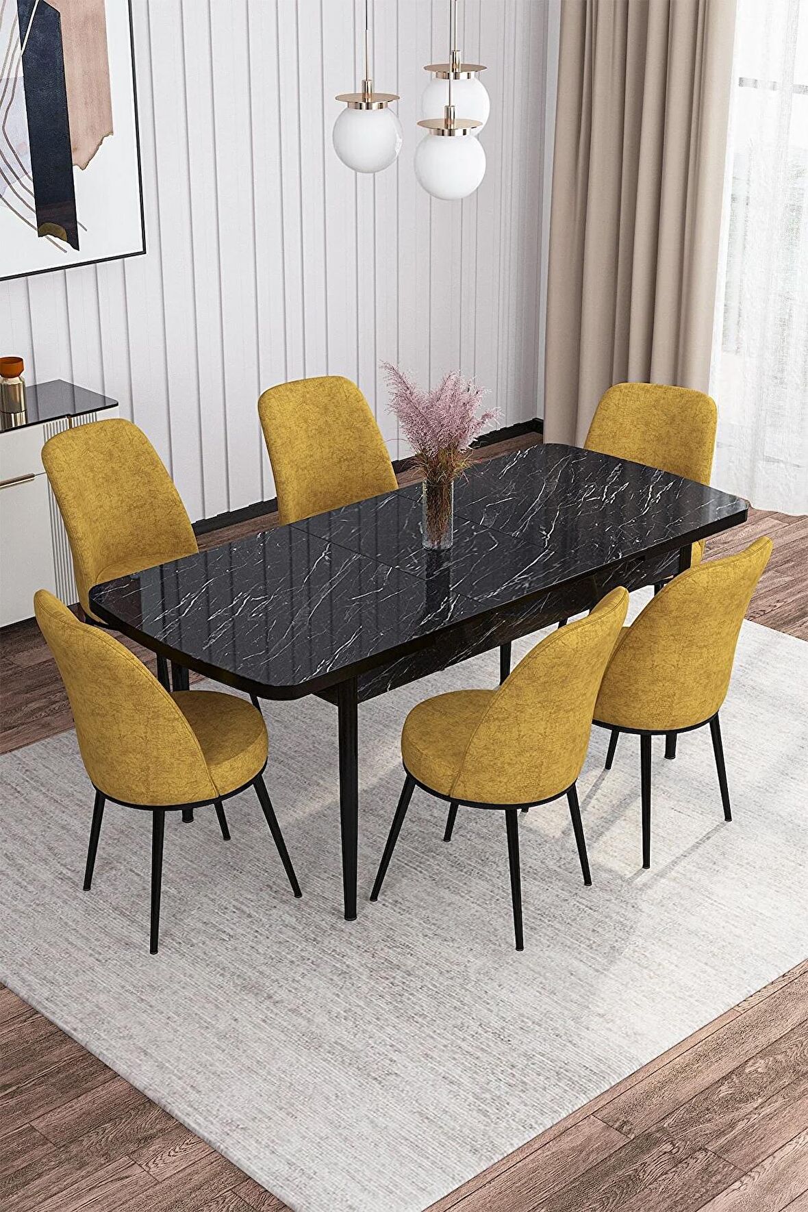 Rovena Sona Siyah Mermer 70x114 Açılabilir Suntalam Mutfak Masası Takımı 6 Adet Sandalye