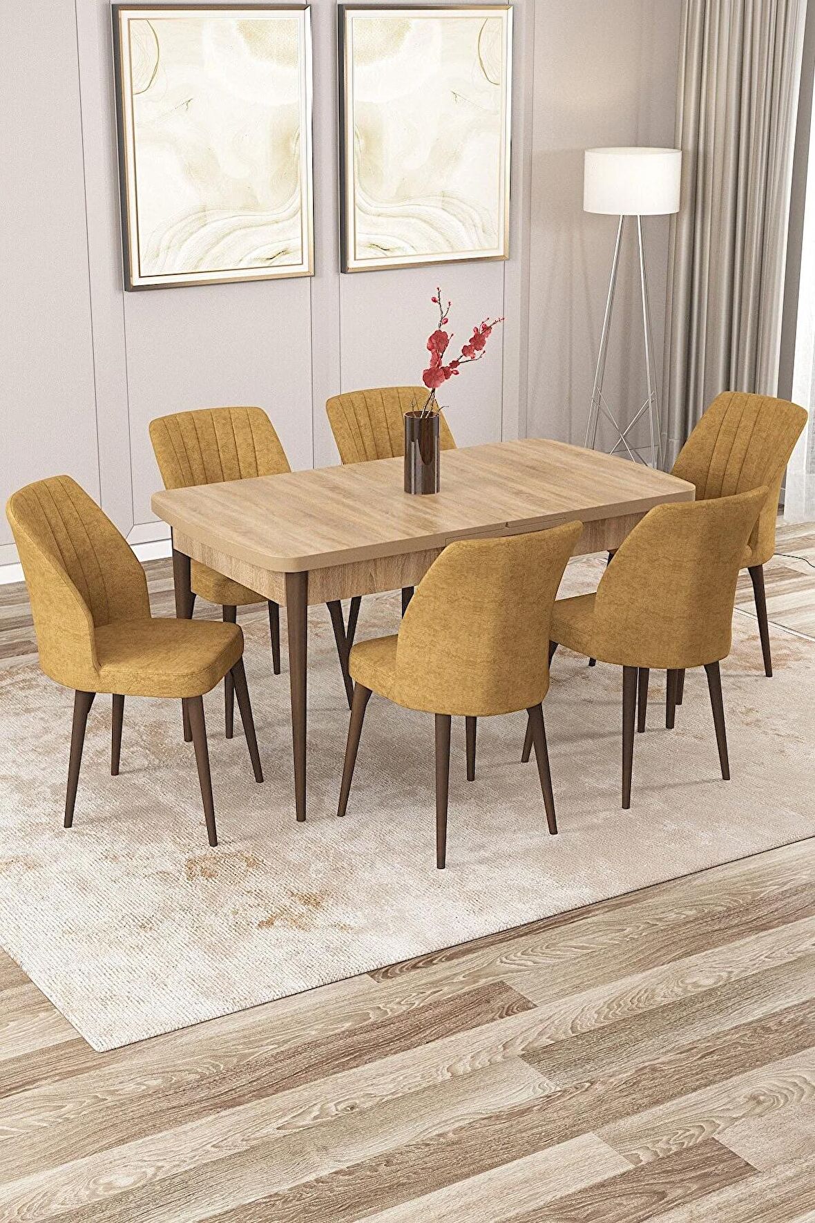 Rovena Lucca Meşe 70x114 Açılabilir Suntalam Mutfak Masası Takımı 6 Adet Sandalye