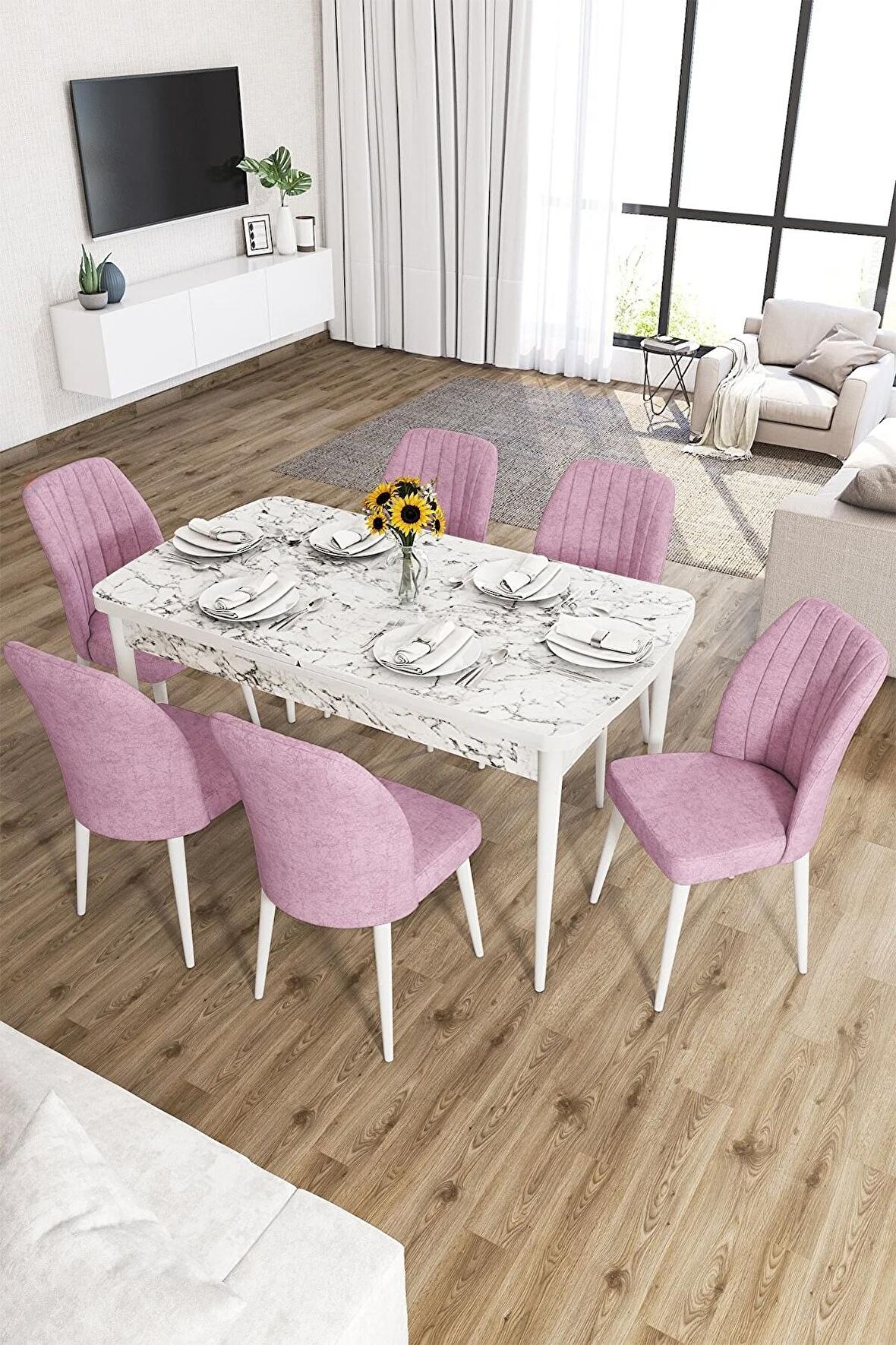 Rovena Lucca Beyaz Mermer 70x114 Açılabilir Suntalam Mutfak Masası Takımı 6 Adet Sandalye