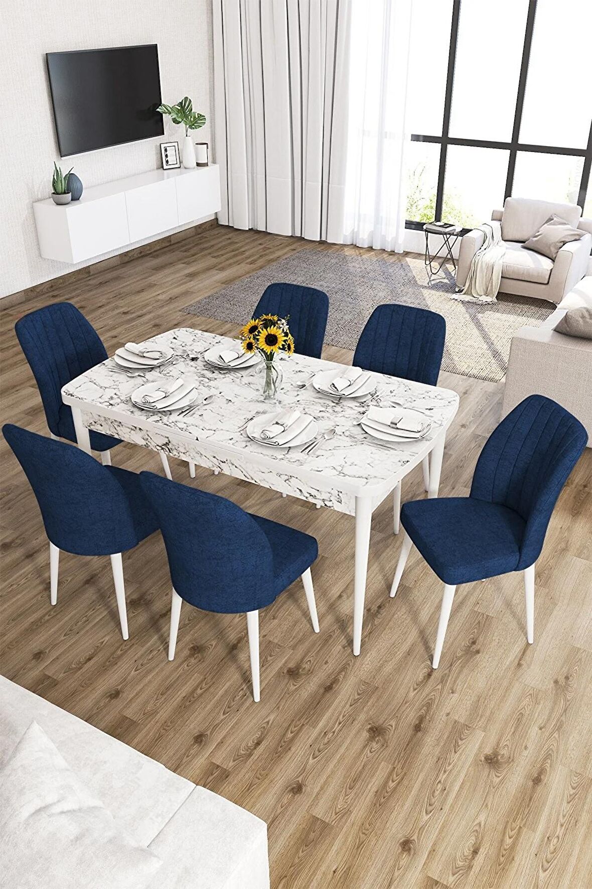 Rovena Lucca Beyaz Mermer 70x114 Açılabilir Suntalam Mutfak Masası Takımı 6 Adet Sandalye