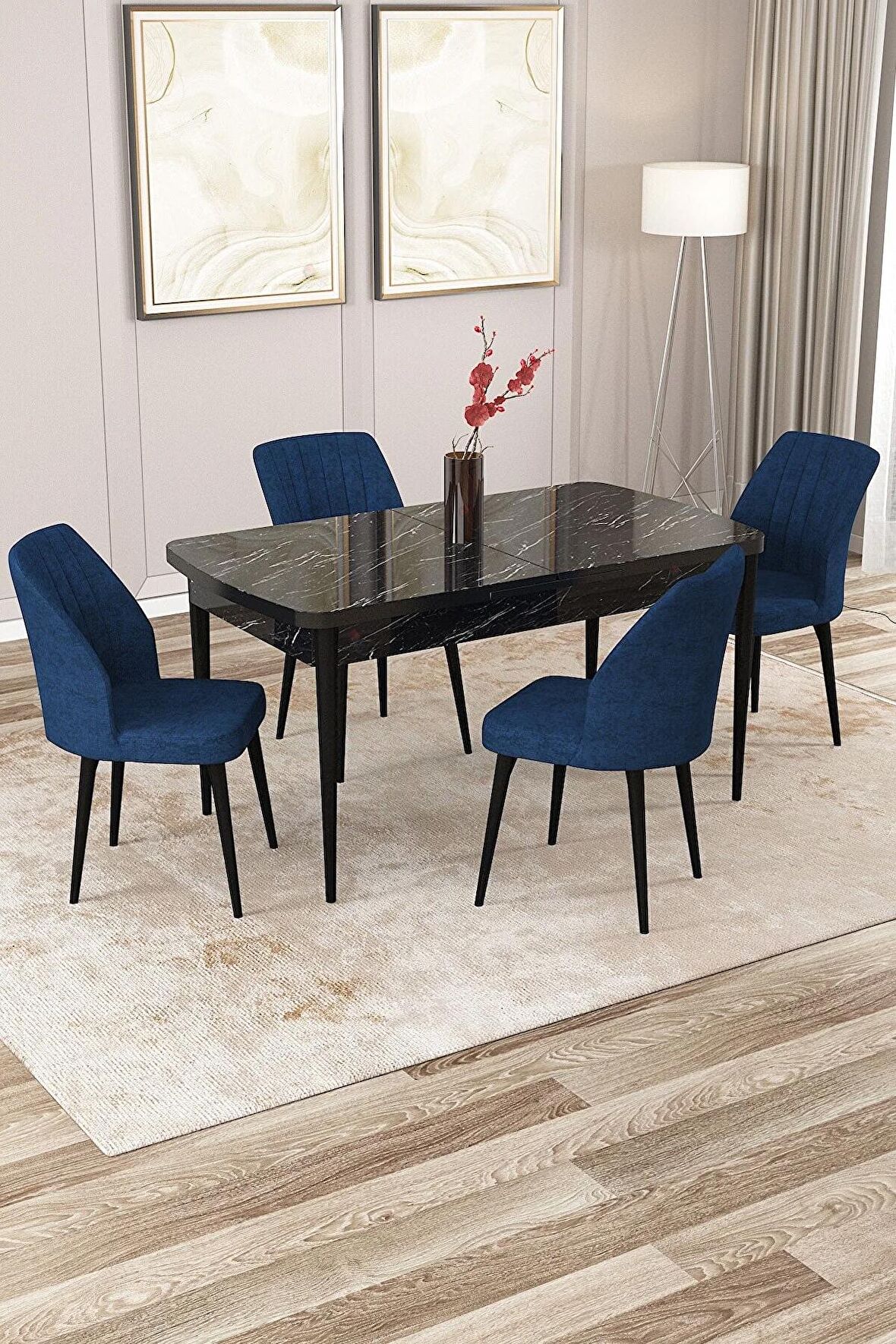 Rovena Lucca Siyah Mermer 70x114 Açılabilir Suntalam Mutfak Masası Takımı 4 Adet Sandalye