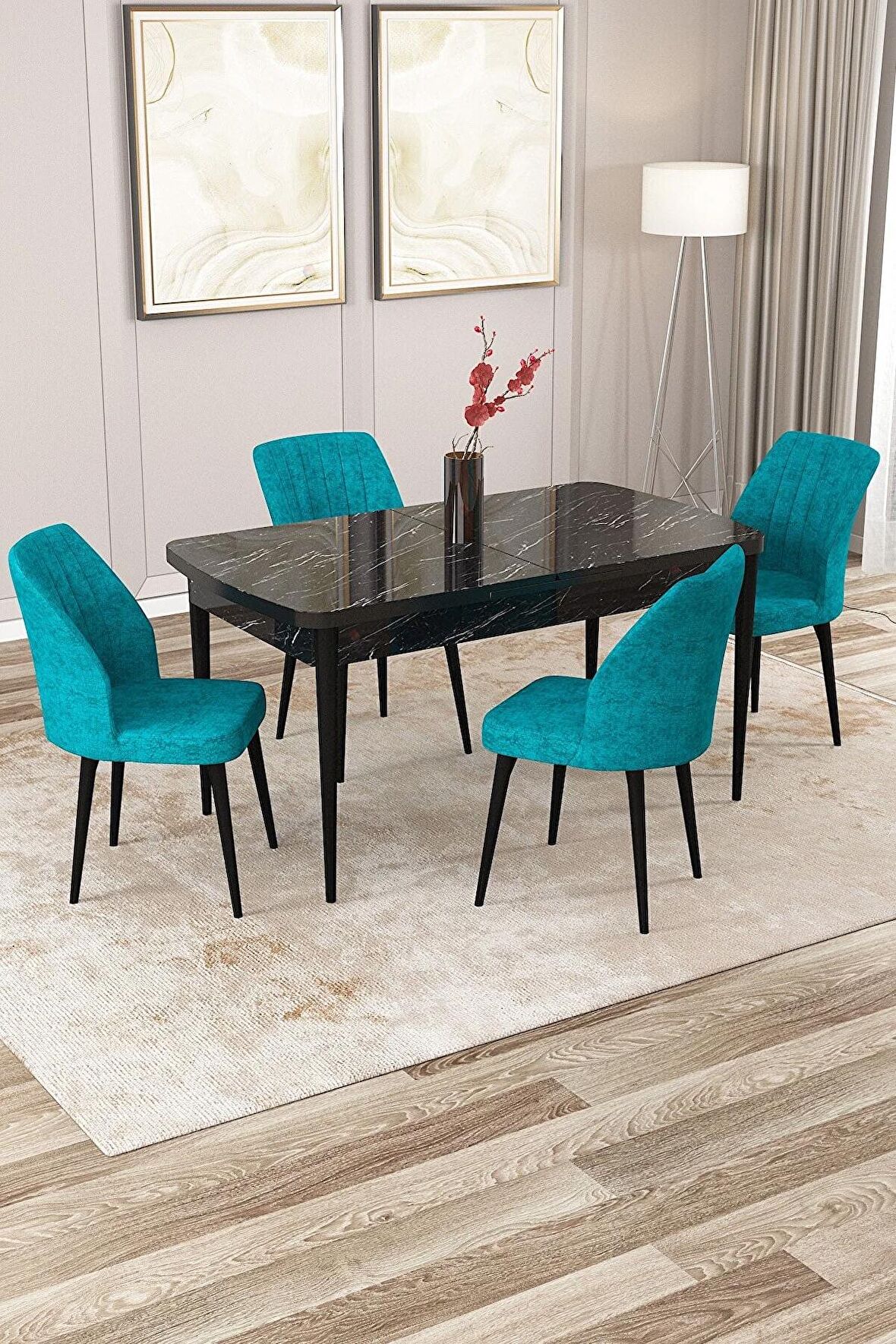 Rovena Lucca Siyah Mermer 70x114 Açılabilir Suntalam Mutfak Masası Takımı 4 Adet Sandalye